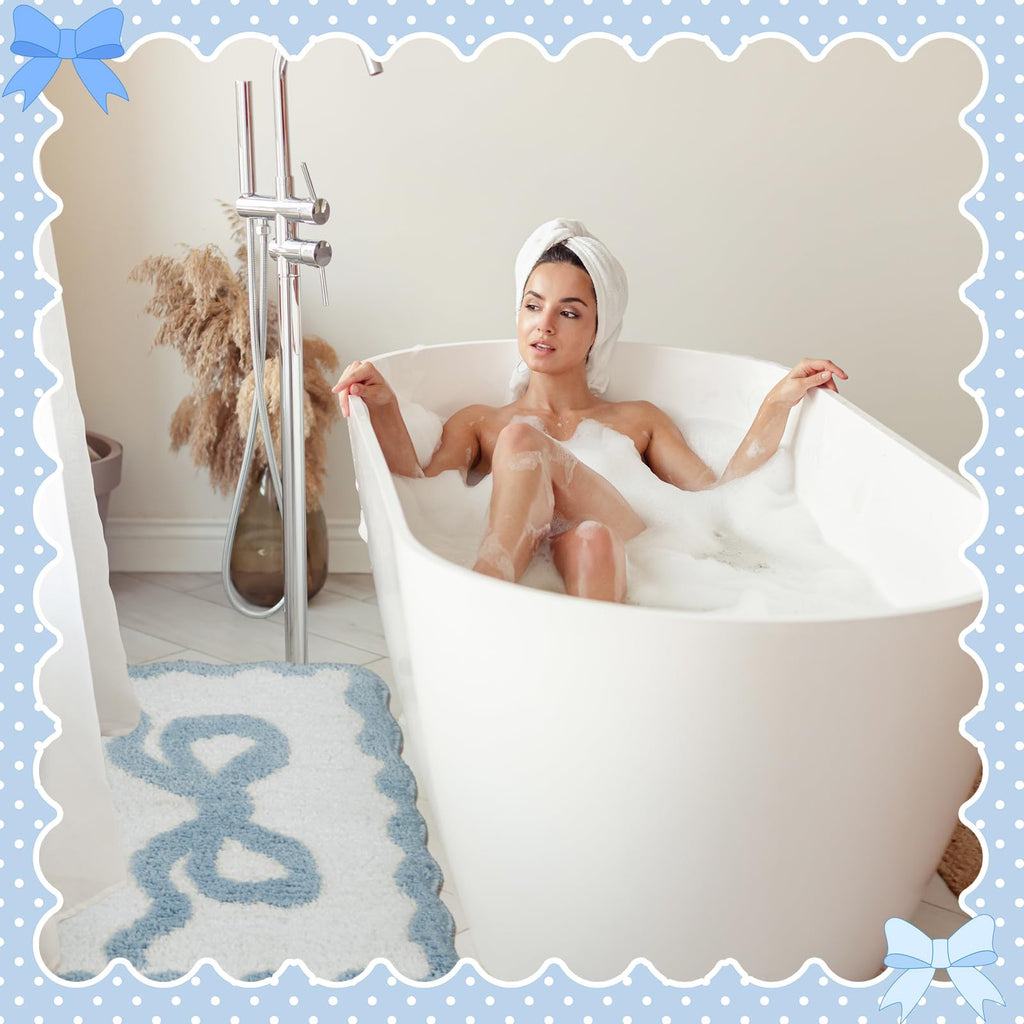 Scalloped Bow Bathroom Mat Non Slip Coquette Bow Rug Cute Aesthetic Scallop Carpet Preppy Room Decor Microfiber Absorbent Bath Rug for Bathroom Bathtub Shower Bedroom(Black,16" X 24")