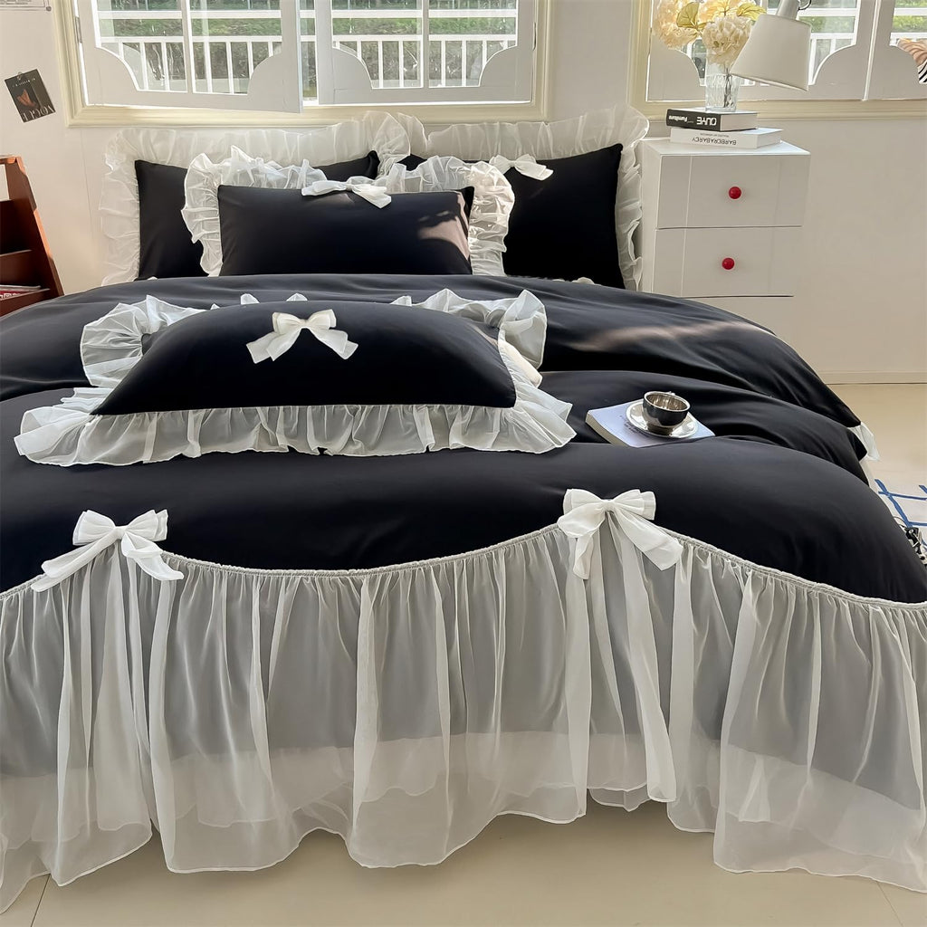 Girls Lace Bedding,Queen Comforter Cover Set, Chic Ruffled Duvet Cover with Lovely Bow,Princess Style 1 Duvet Cover with 2 Pillowcases, No Comforter-Hot Pink,Full Size