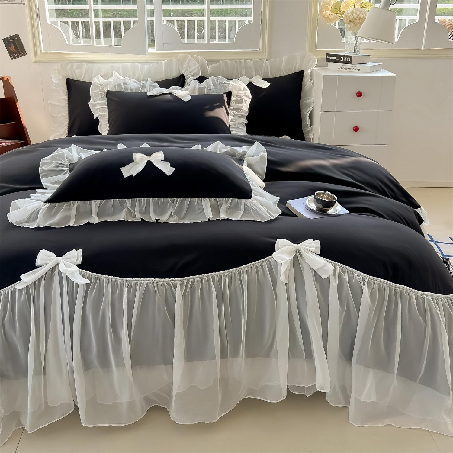 Girls Lace Bedding,Queen Comforter Cover Set, Chic Ruffled Duvet Cover with Lovely Bow,Princess Style 1 Duvet Cover with 2 Pillowcases, No Comforter-Hot Pink,Full Size