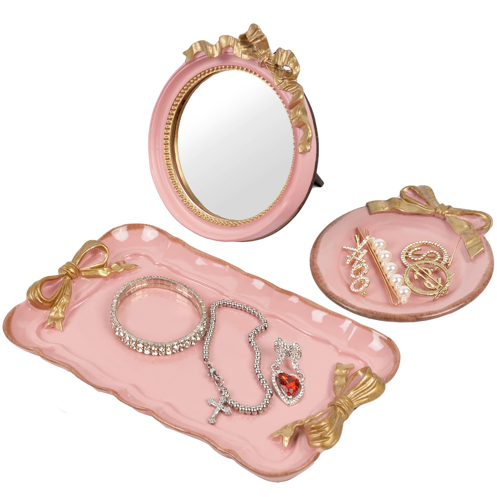 Vanity Tray Coquette Decor - 3 Pcs Decorative Perfume Tray Set, Jewelry Tray & Bow Makeup Mirror & Vanity Tray, Gold Perfume Tray Organizers, Coquette Vintage Decor