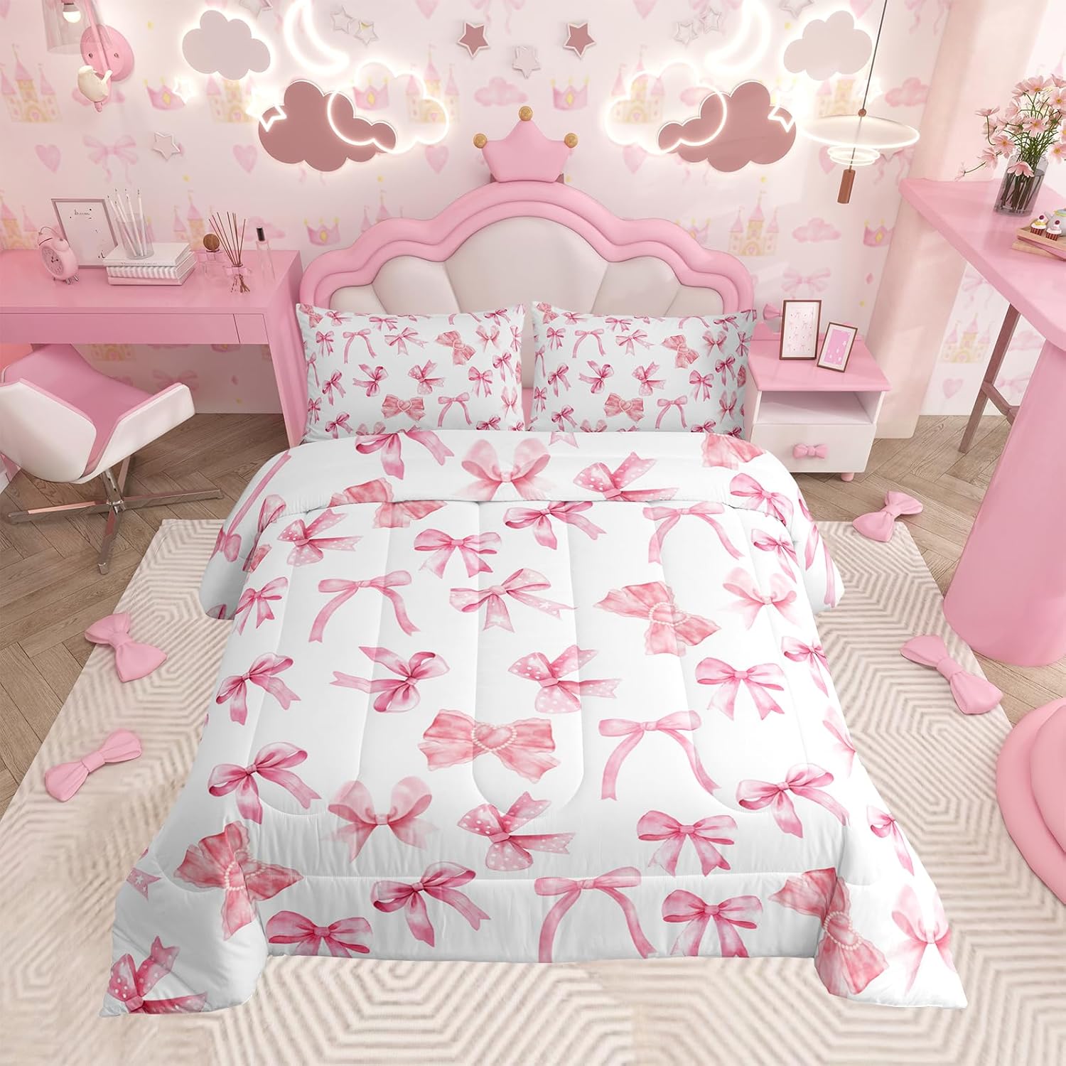 Floral Bowknot Comforter Set,Pink Bow Tie Print Bedding Set Cute Bow Flower Comforter Princess Style Bed Set for All Season