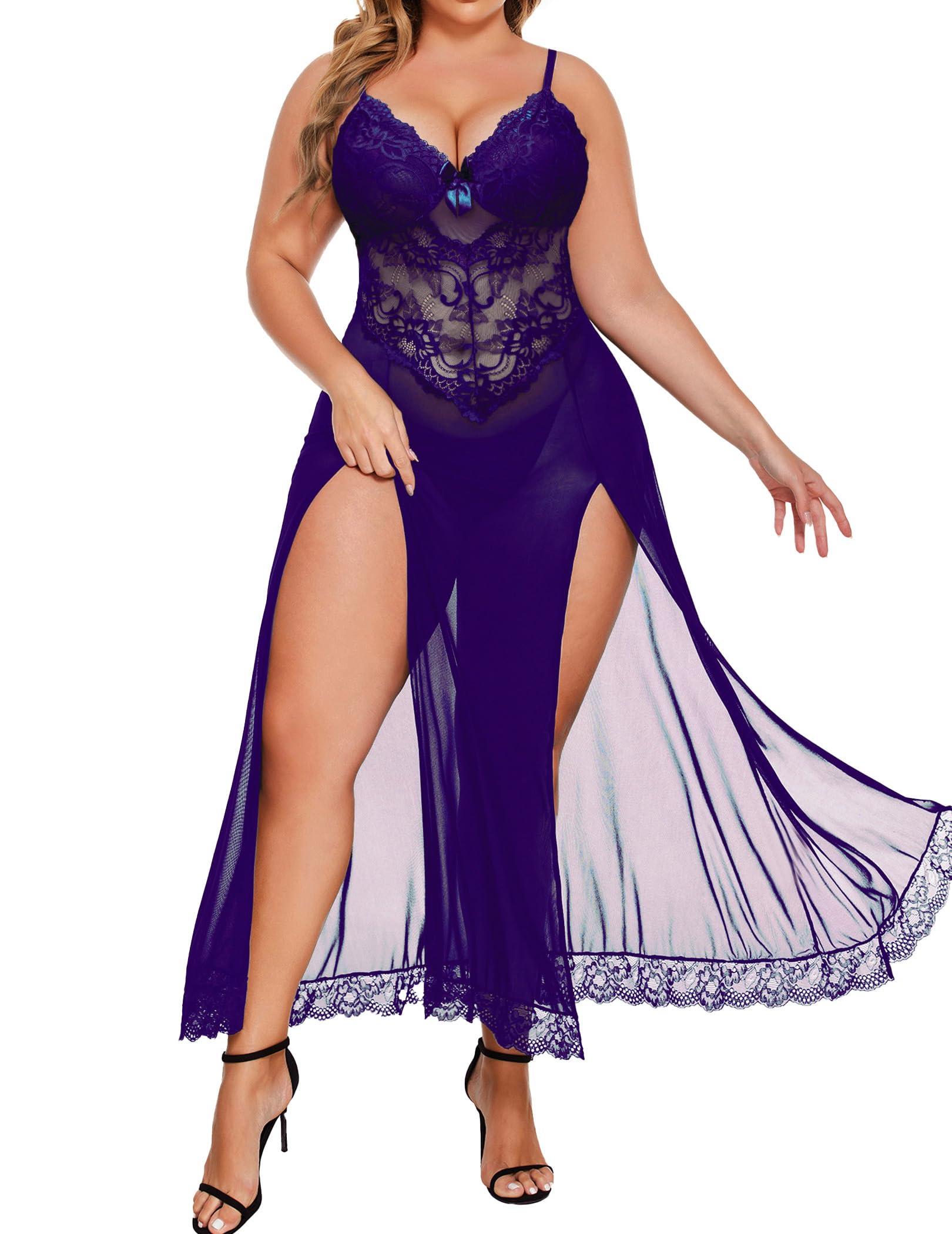 Plus Size Lingerie For Women Babydoll Sexy Mesh Maxi Nightdress Exotic Sleepwear Side Slits