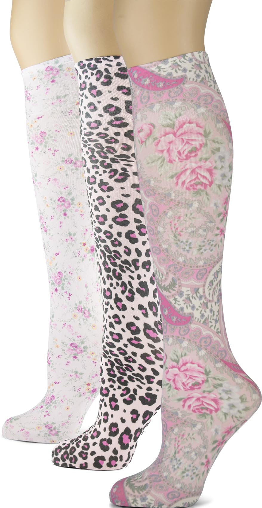 Women's 3 Pairs Knee High Trouser Socks, Classy and Colorful Printed Patterns, Silky Smooth Material