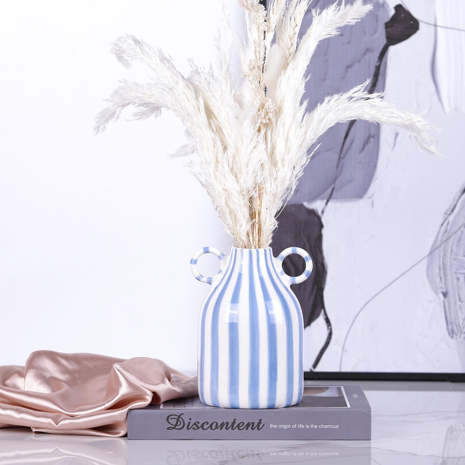 Ceramic Striped Vase with Handle, Modern Minimalist Bohemian, Nordic Decor Vase