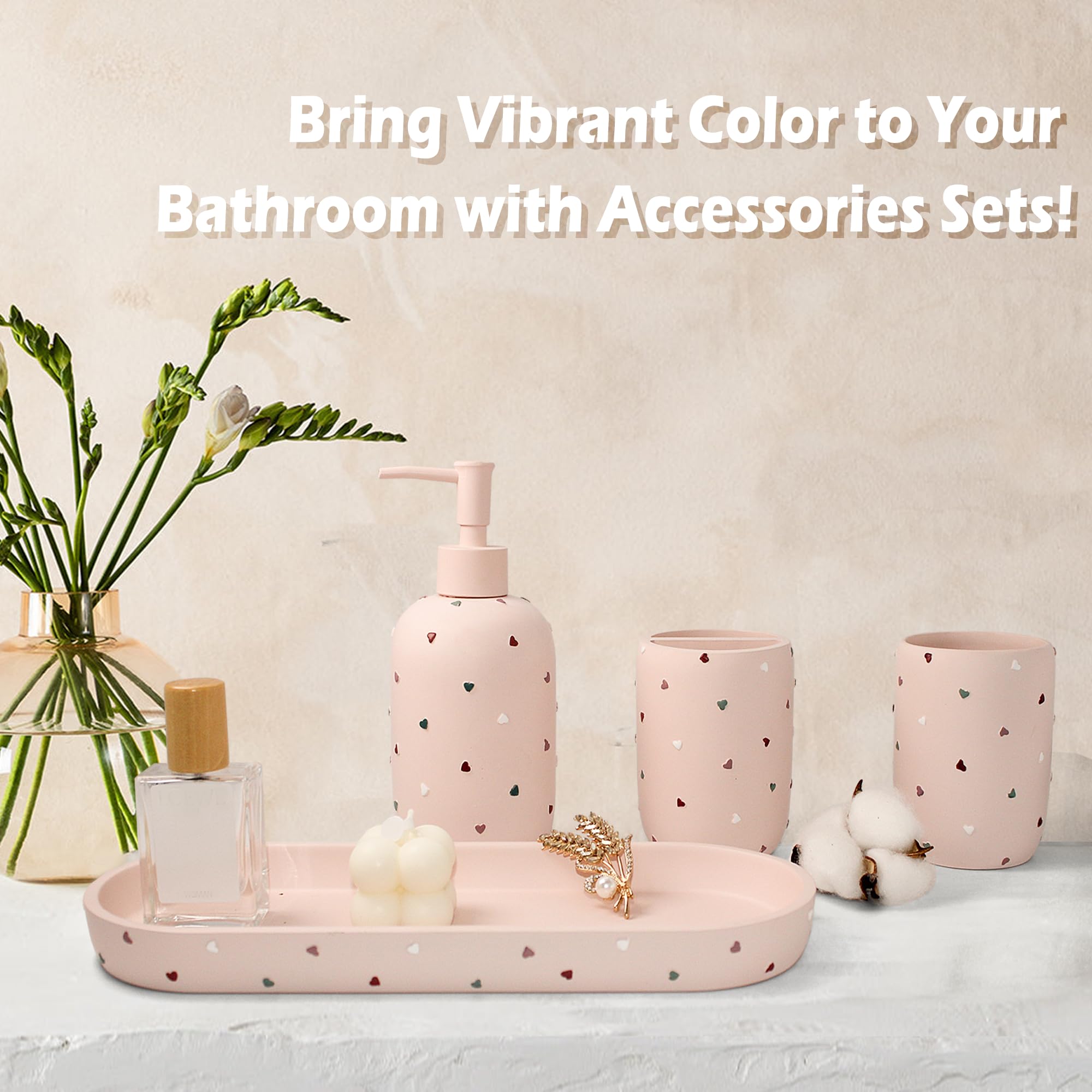 Premium Bathroom Accessories Sets 4-Piece, Pastel Heart Bathroom Accessory Complete Set - Toothbrush Holder, Lotion Soap Dispenser, Vanity Tray, Bathroom Tumbler for Countertop Vanity