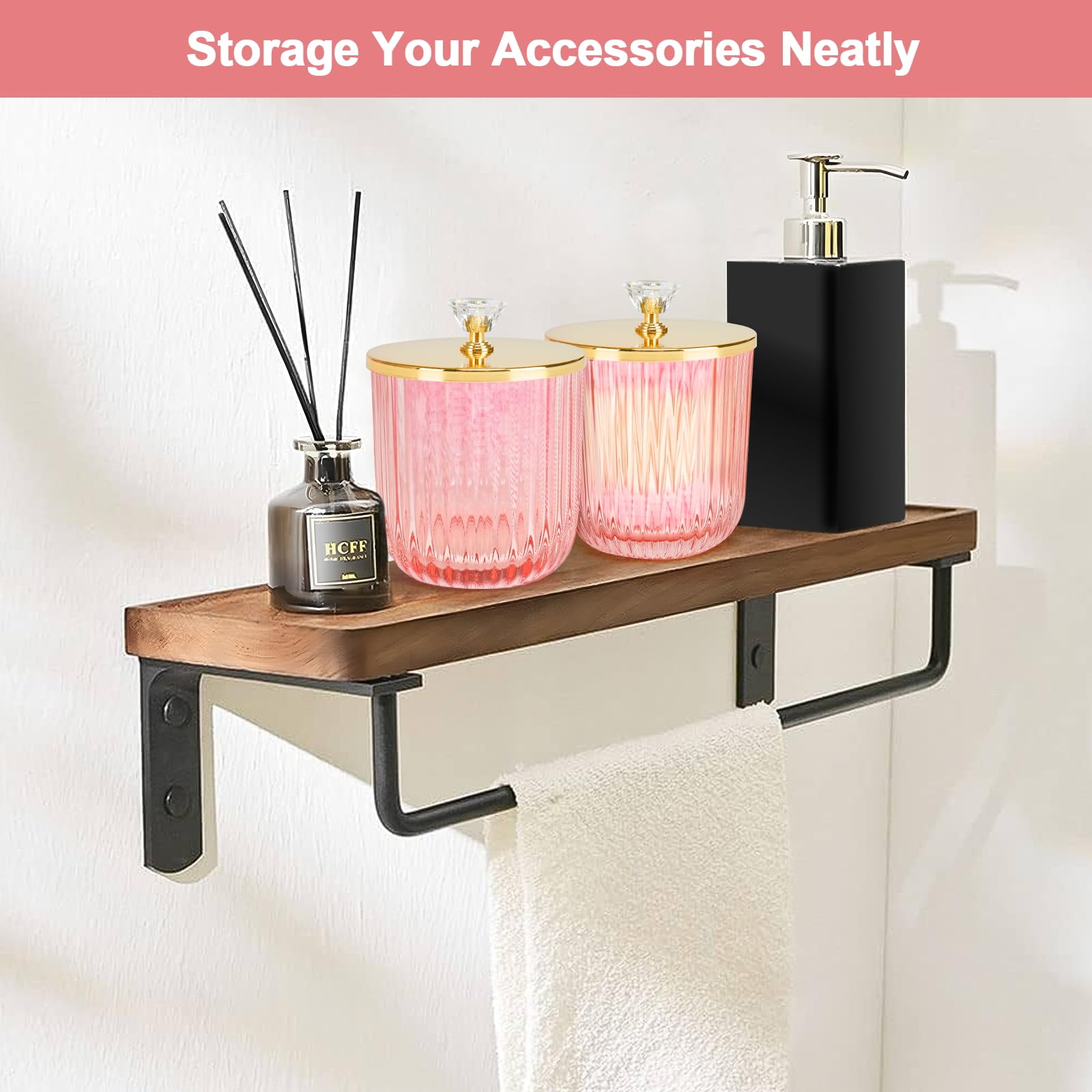 Cute Glass Apothecary Jars with Lid, Pink Cotton Ball Pad Round Container Holders and Vanity Canister Storage Jar for Makeup Sponges, Floss, Hair Accessories 2 Pack