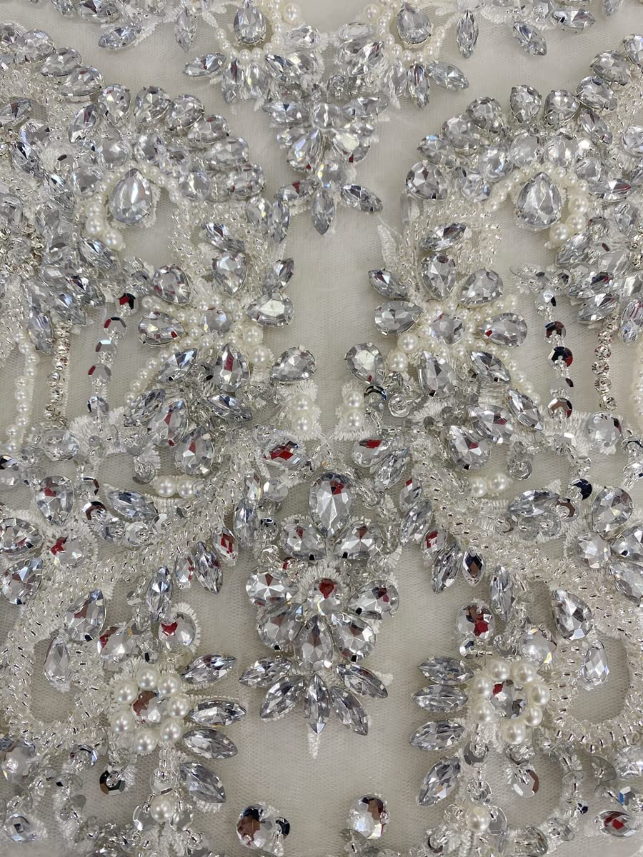 Handmade red/Blue/Gold/Green Rhinestones lace Bodice Applique Sewing Beads Crystal Trim Patches Accessory for Dress Clothes (Rose red)