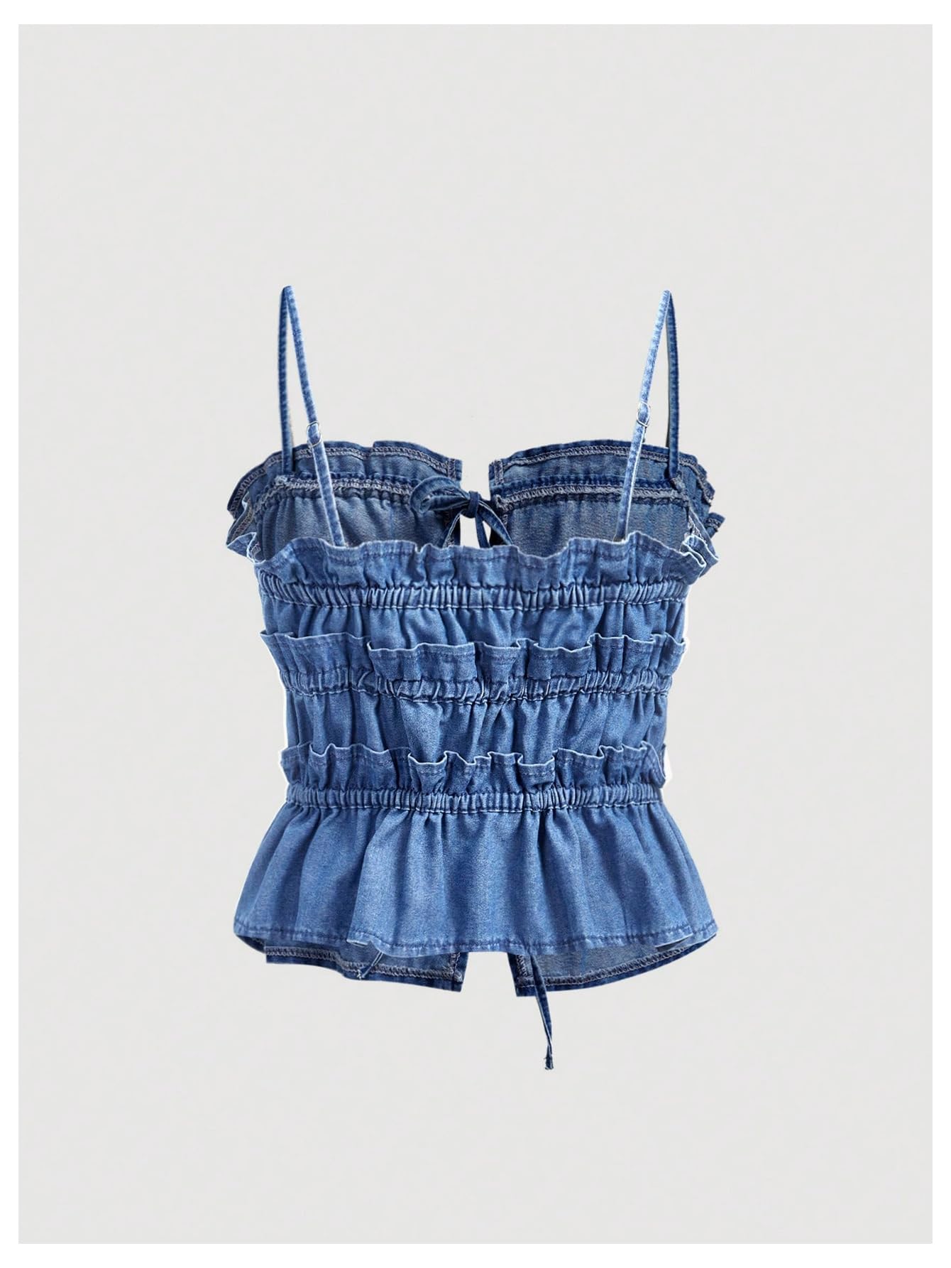 Women's Denim Tops Bow Tie Front Spaghetti Strap Camisole Tiered Ruffle Frill Trim Y2k Tank