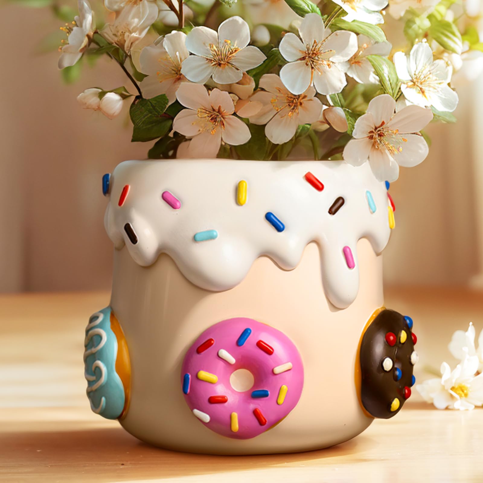 Cute Donut Planters, Unique Plant Pots with Drainage, Rainbow Colorful Small Flower Pots for Indoor Plants, Funny Succulent Planter Pot for Plant Lovers