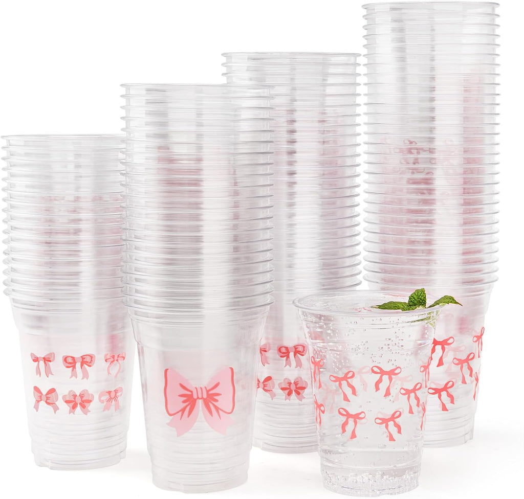 Pink Bow Party Plastic Cups 12 oz Coquette Bow Disposable Drinking Cups