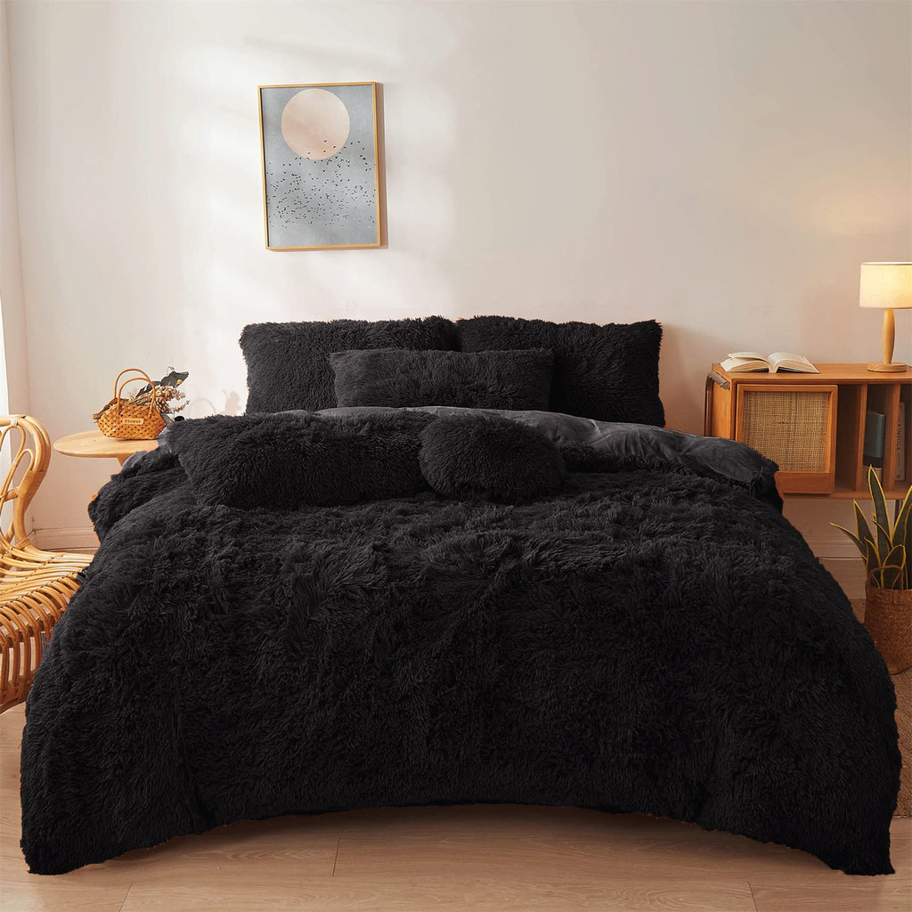 Fluffy Faux Fur Comforter Cover Set Queen - Ultra Soft Plush Bedding Sets 3 Pieces (1 Fluffy Duvet Cover + 2 Faux Fur Pillow case) Cute Bed Set