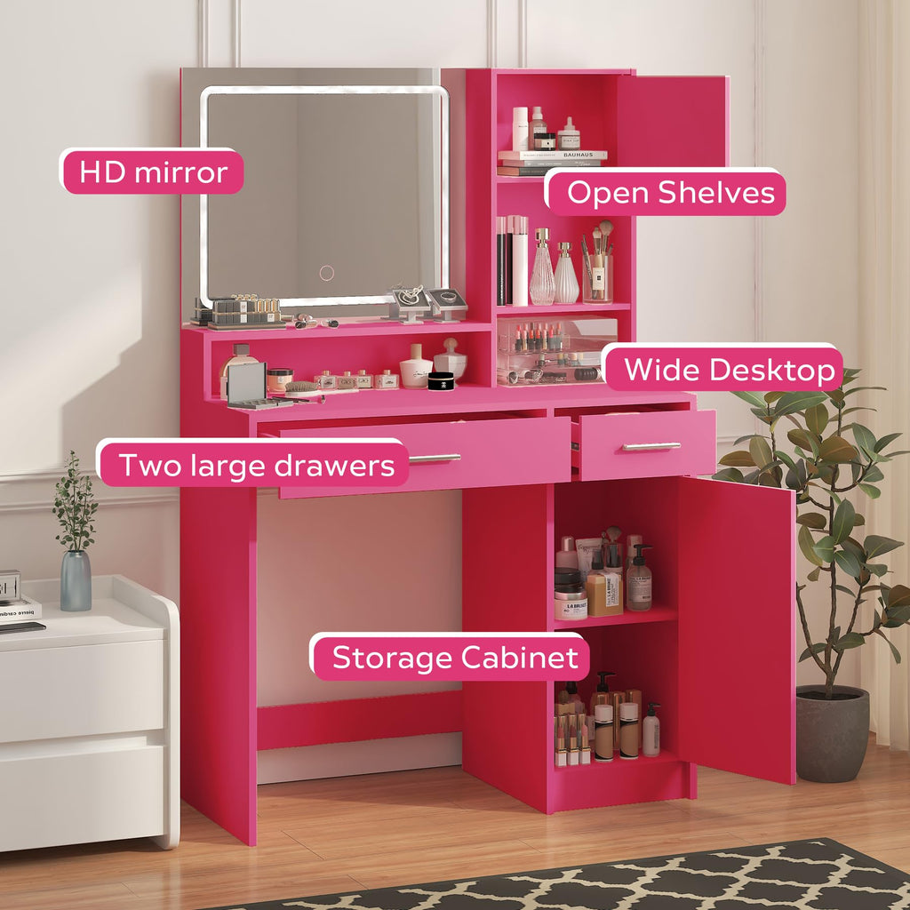 Vanity Desk with Mirror and LED Light Strip,Dressing Table with Large Drawer, 3 Level Storage Dresser & 3 Lighting Modes Adjustable Brightness