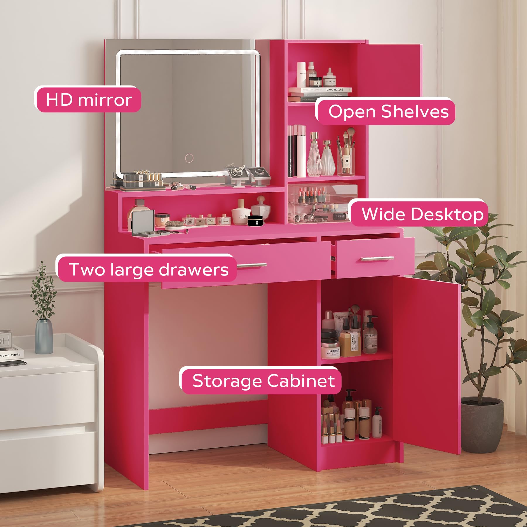 Vanity Desk with Mirror and LED Light Strip,Dressing Table with Large Drawer, 3 Level Storage Dresser & 3 Lighting Modes Adjustable Brightness