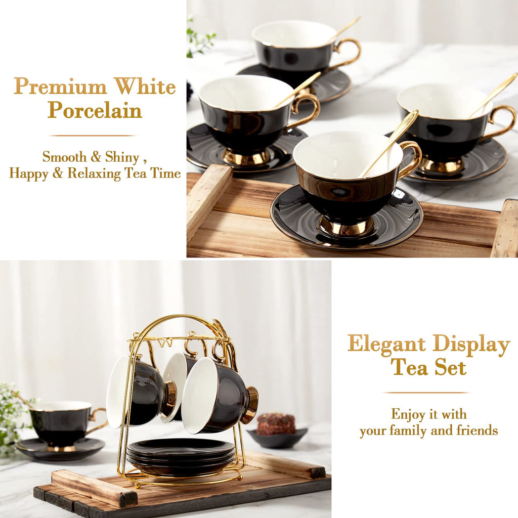 Tea Cups and Saucers with Golden Trim, Petal Edge Coffee Cups with Metal Stand