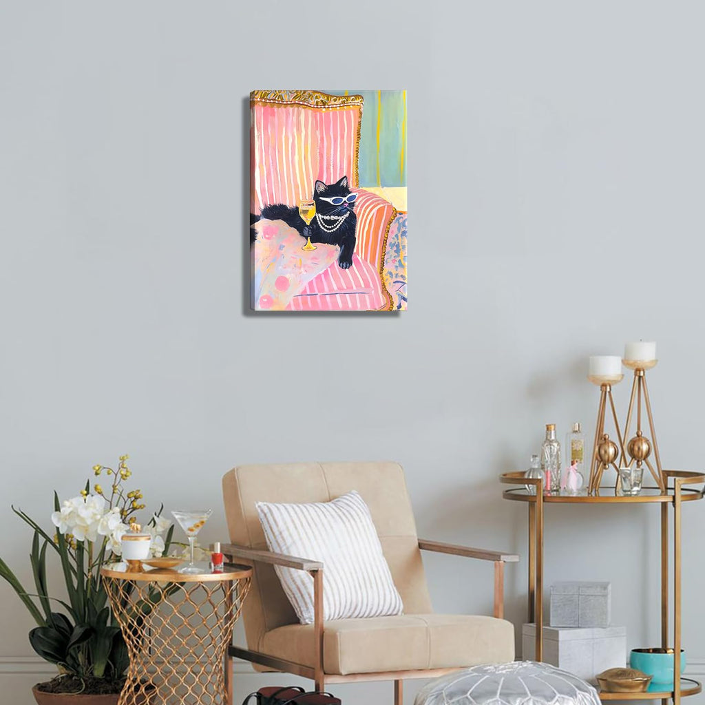Pink Black Cat With Martini Canvas Wall Art Pink Dopamine Bar Cart Wall Decor Eclectic Coquette Aesthetic Poster Print