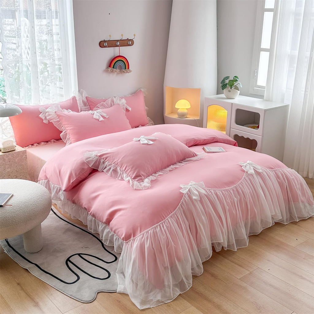 Girls Lace Bedding,Queen Comforter Cover Set, Chic Ruffled Duvet Cover with Lovely Bow,Princess Style 1 Duvet Cover with 2 Pillowcases, No Comforter-Hot Pink,Full Size