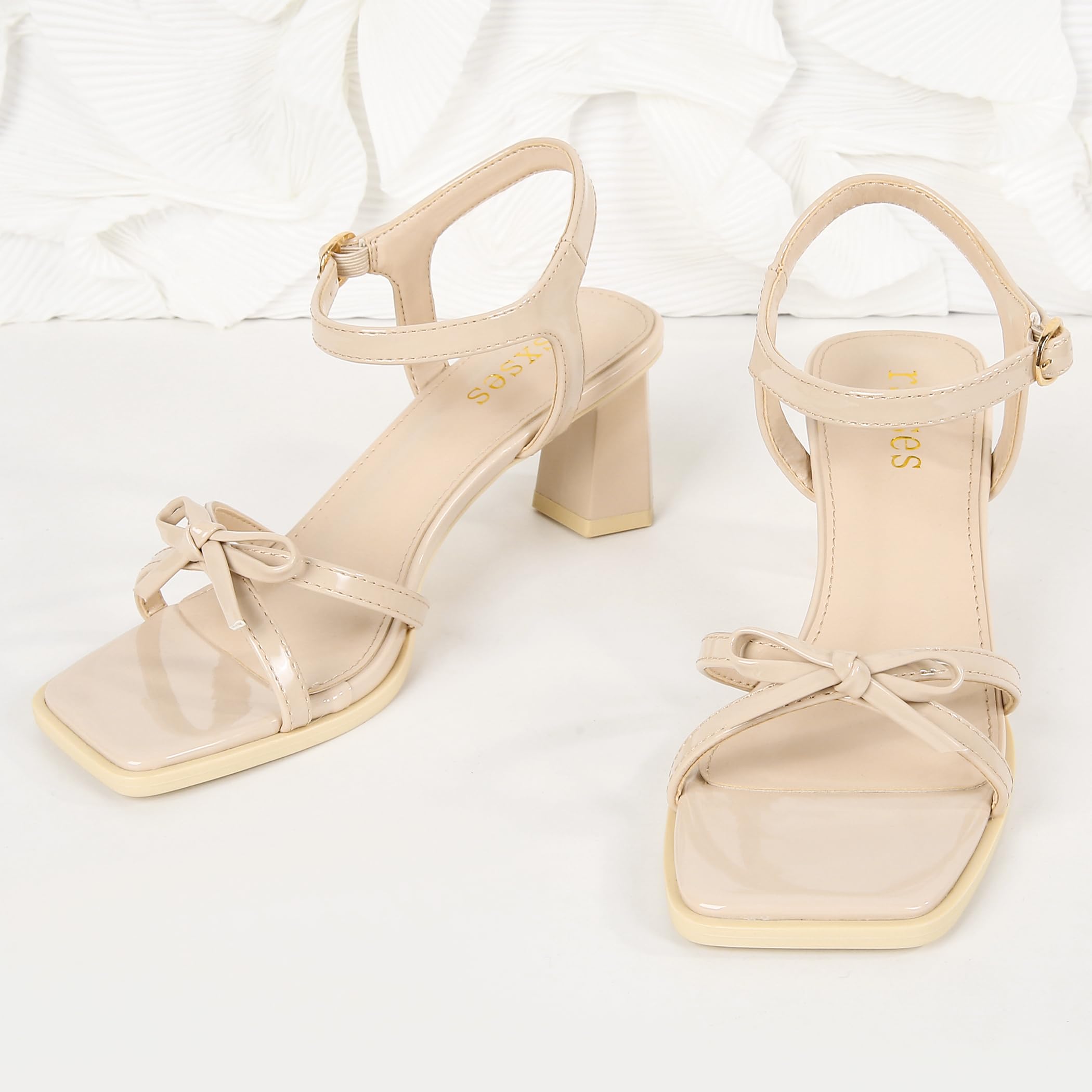 High Heels for Women Bow Block Chunky Heels Square Open Toe Sandals Strappy Heels