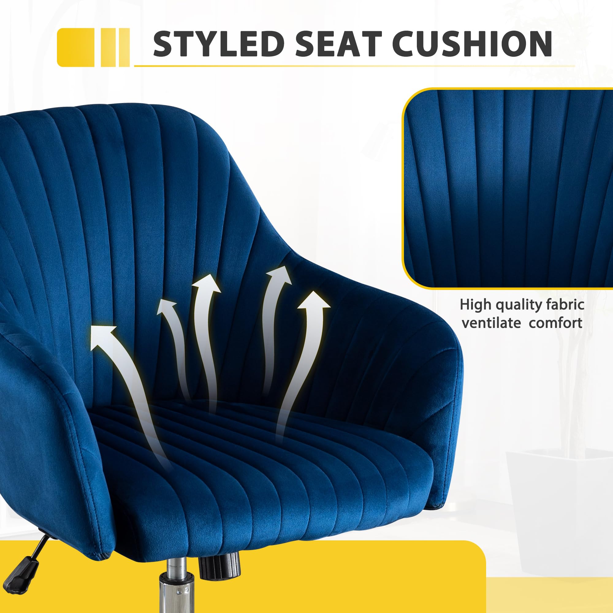 Modern Vanity Velvet Adjustable Low Back Rolling Chair, Twill Upholstered Cute Chair with Wheels