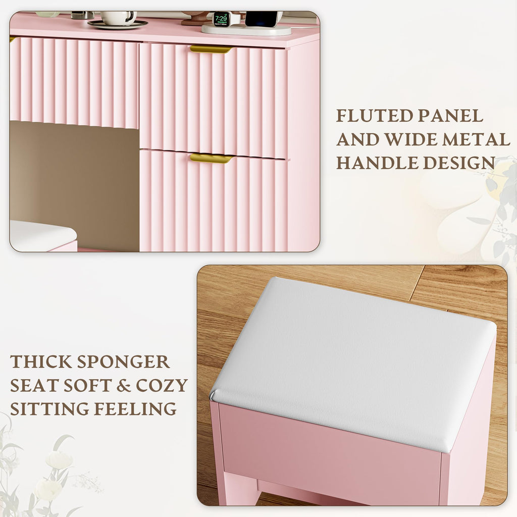 Makeup Vanity Desk with Mirror, Fluted Panel, Large LED Mirror, 3 Lighting Modes & Adjustable Brightness, Charging Station, Dressing Table with Stool