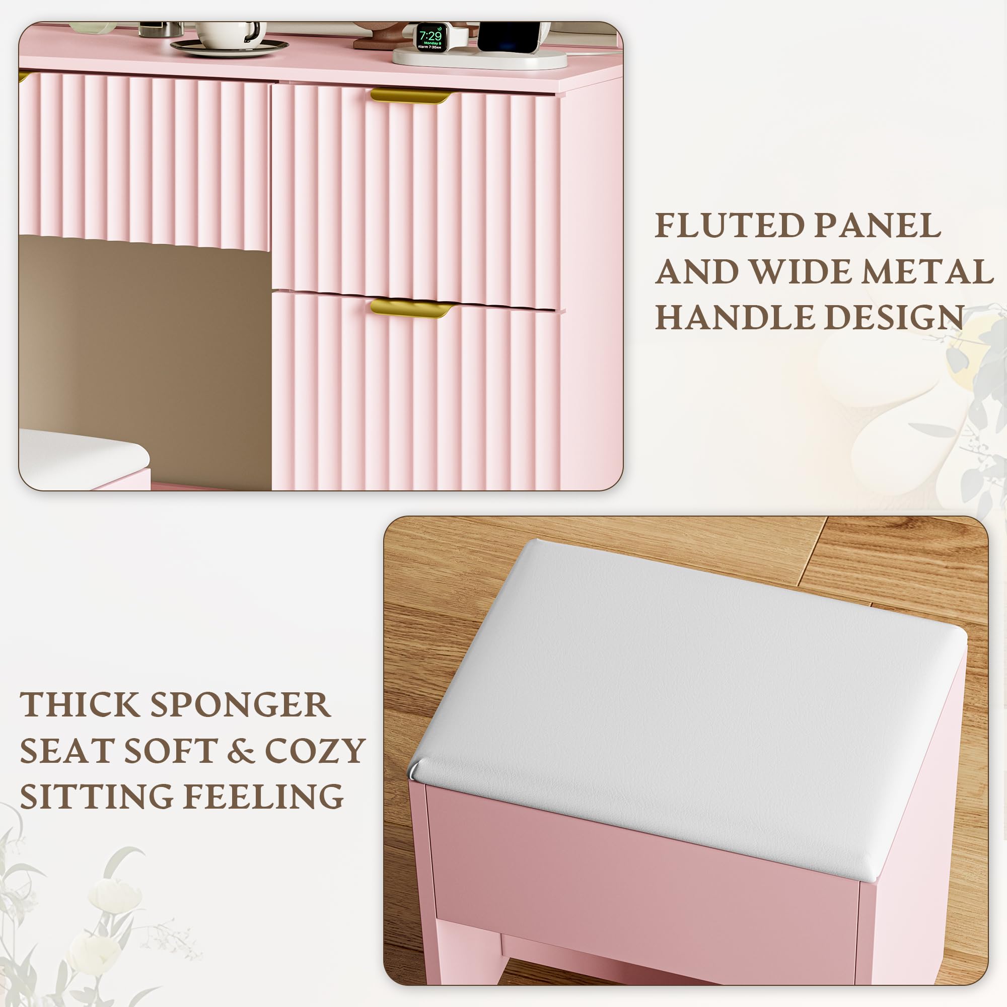 Makeup Vanity Desk with Mirror, Fluted Panel, Large LED Mirror, 3 Lighting Modes & Adjustable Brightness, Charging Station, Dressing Table with Stool