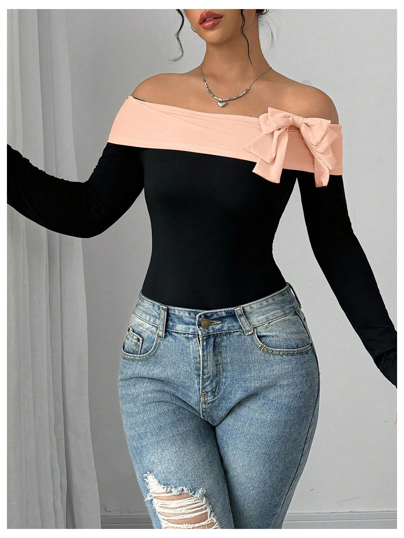 Women's Colorblock Bow Tie Off Shoulder Long Sleeve Bodysuit Elegant Tops