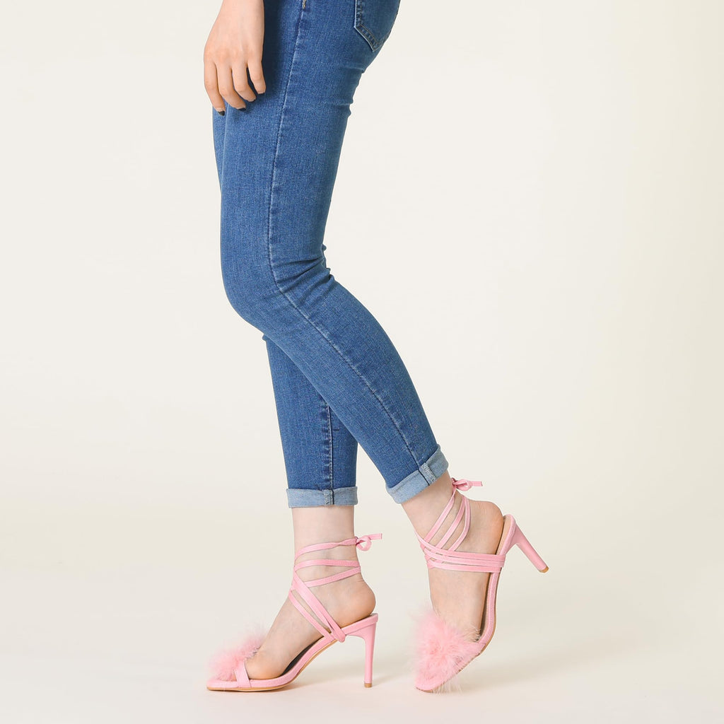 Women's Faux Fur Slingback Block Heels Lace Up Sandals