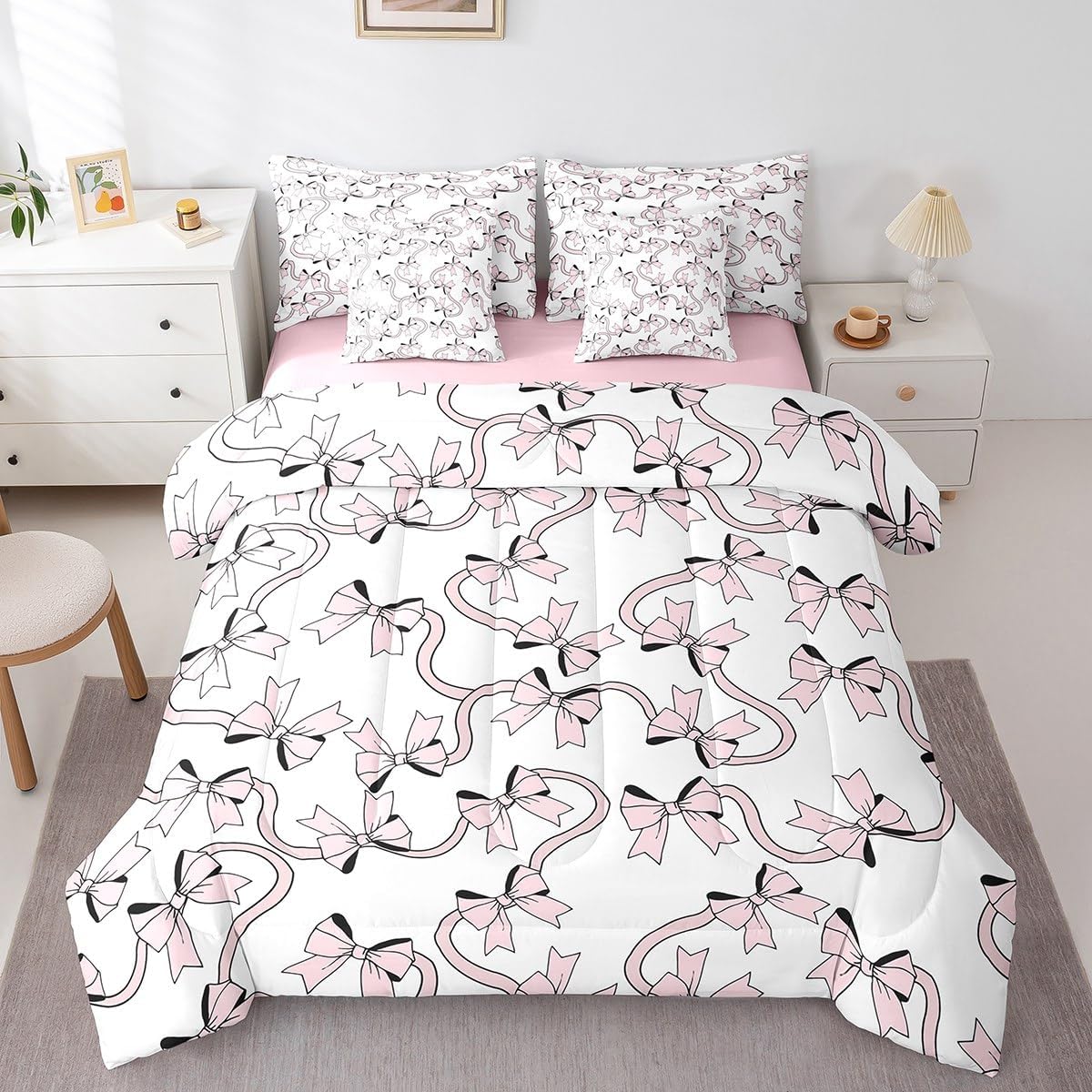 Princess Style Pink Bowknot Comforter Bedding Set, Bow Tie Pink White Dreamy Fairy Tale Bow (Comforter+Fitted+Flat Sheet+2 Pillowcases+2 Throw Pillow Covers) 7 Pieces Bed Set