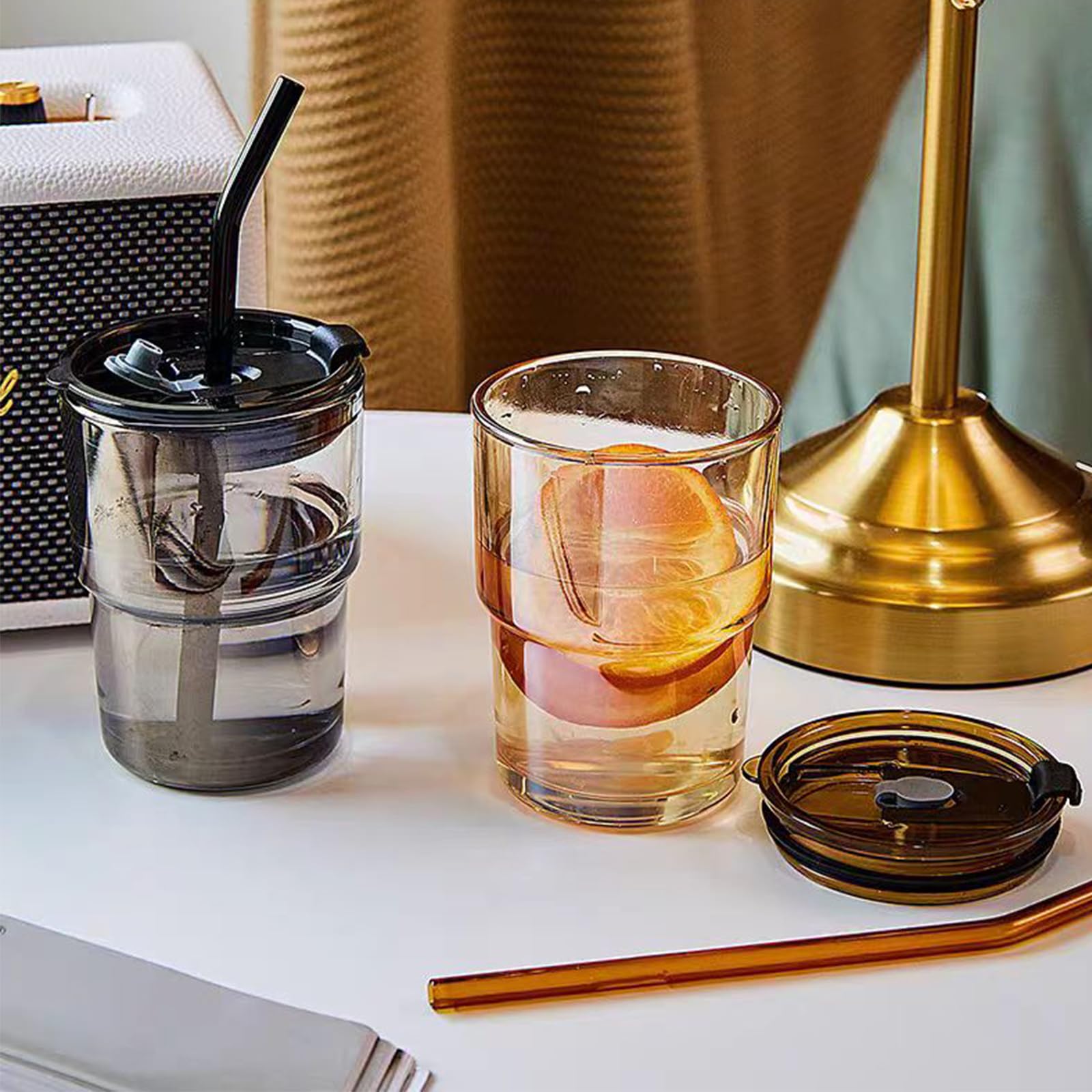 Glass Tumbler with Straw and Lid Sealed, Carry On Reusable Iced Coffee Cups,Thick Wall Glass Drinking Glassware Cups 13oz