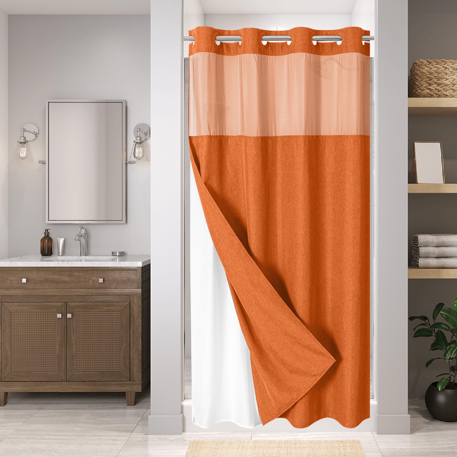 No Hooks Needed Linen Textured Shower Curtain with Snap-in Fabric Liner Set, Luxury Decor Shower Curtains for Bathroom with Mesh Top Window, Waterproof & Washable