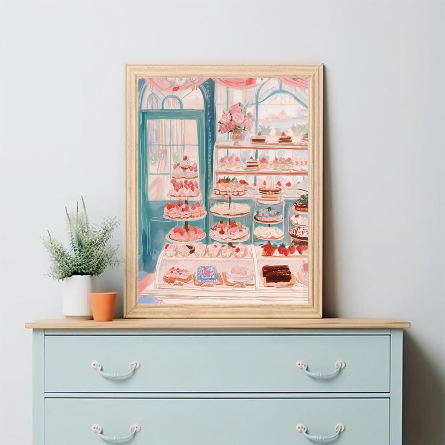 Cake Bakery Cafe Wall Art Pink Kitchen Decor Trendy Cake Art Poster Print Y2k Bedroom Decor Danish Pastel Watercolor Painting Preppy Room Decor Aesthetic Poster