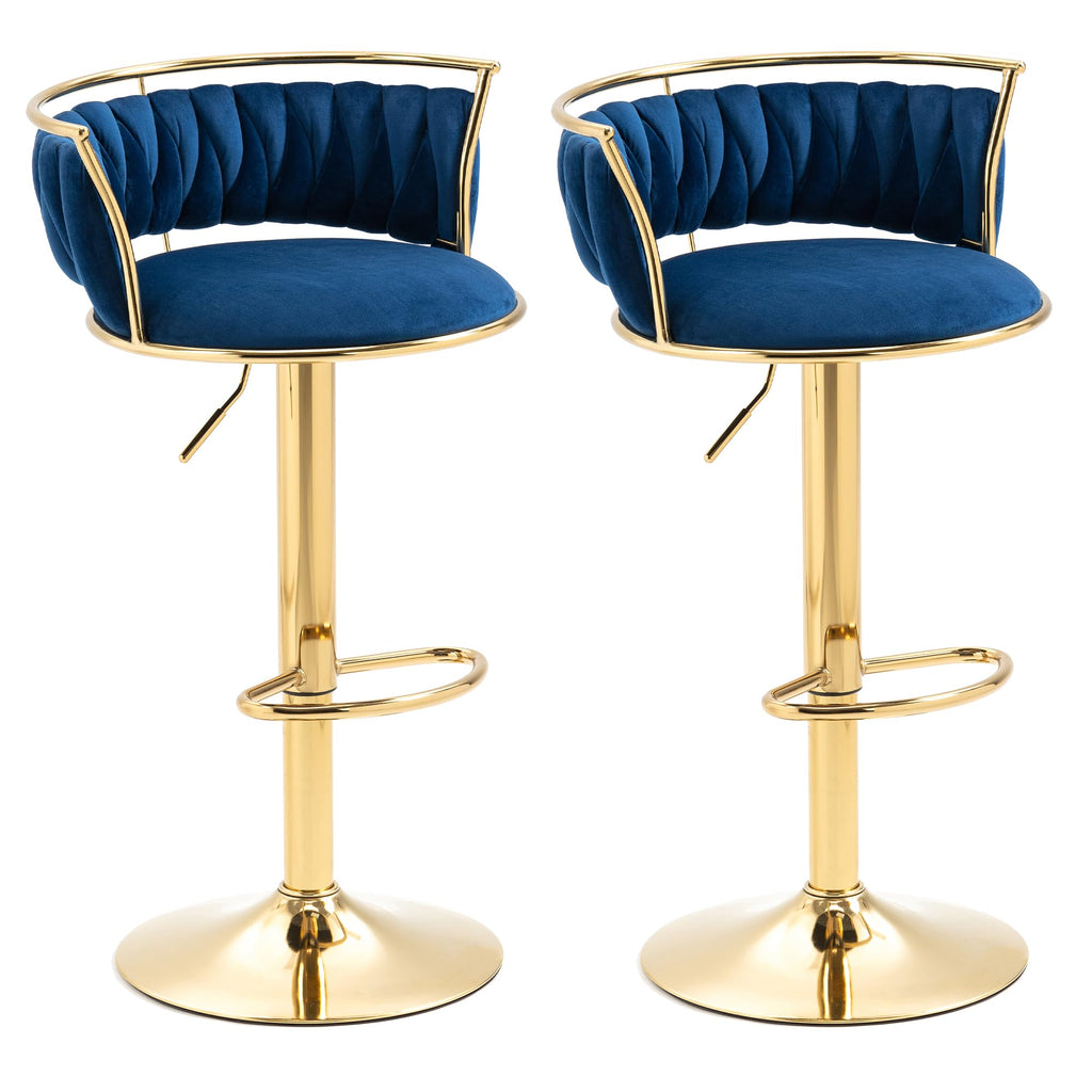 Velvet Swivel Bar Stools, Adjustable Counter Height Bar Chairs with Low Back & Footrest, Modern Gold Bar Stools for Kitchen Island, Bar Pub