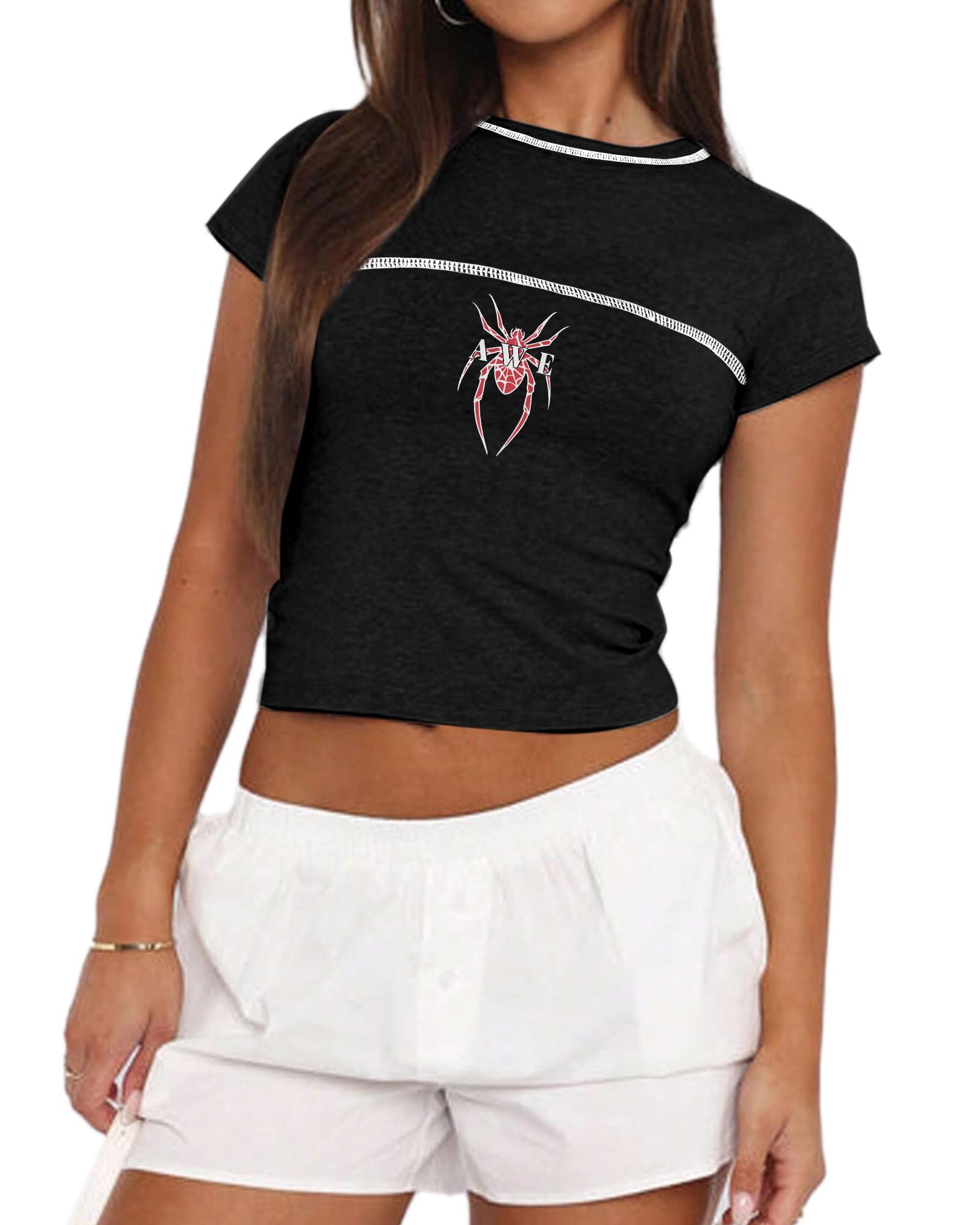 Women Basic Short Sleeve Crop Top Ruched Fitted Baby Tee Shirts