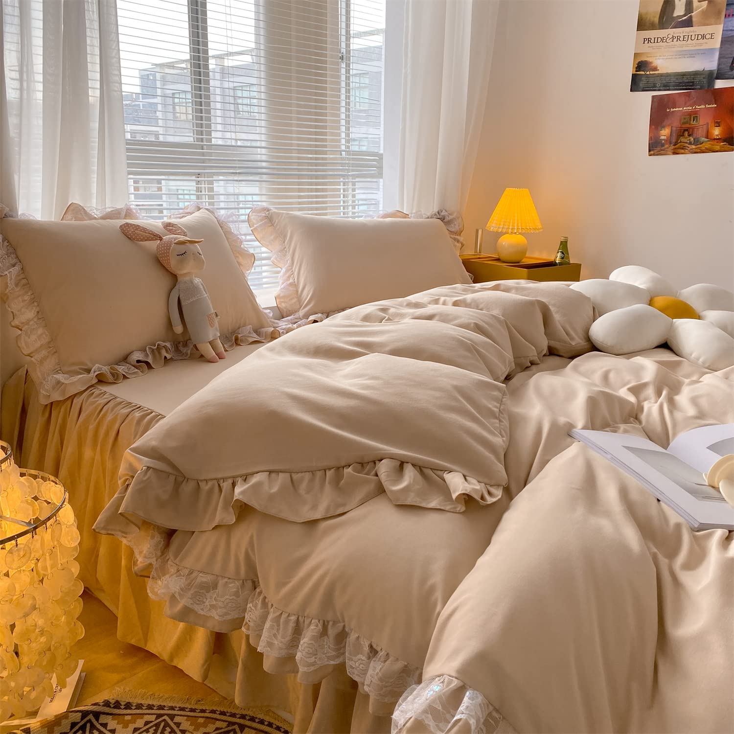 Chic Ruffle Lace Polyester Duvet Cover Set - Bedding-2 Piece Twin Duvet Cover with Zipper Closure - Ultra Soft and Light Weight