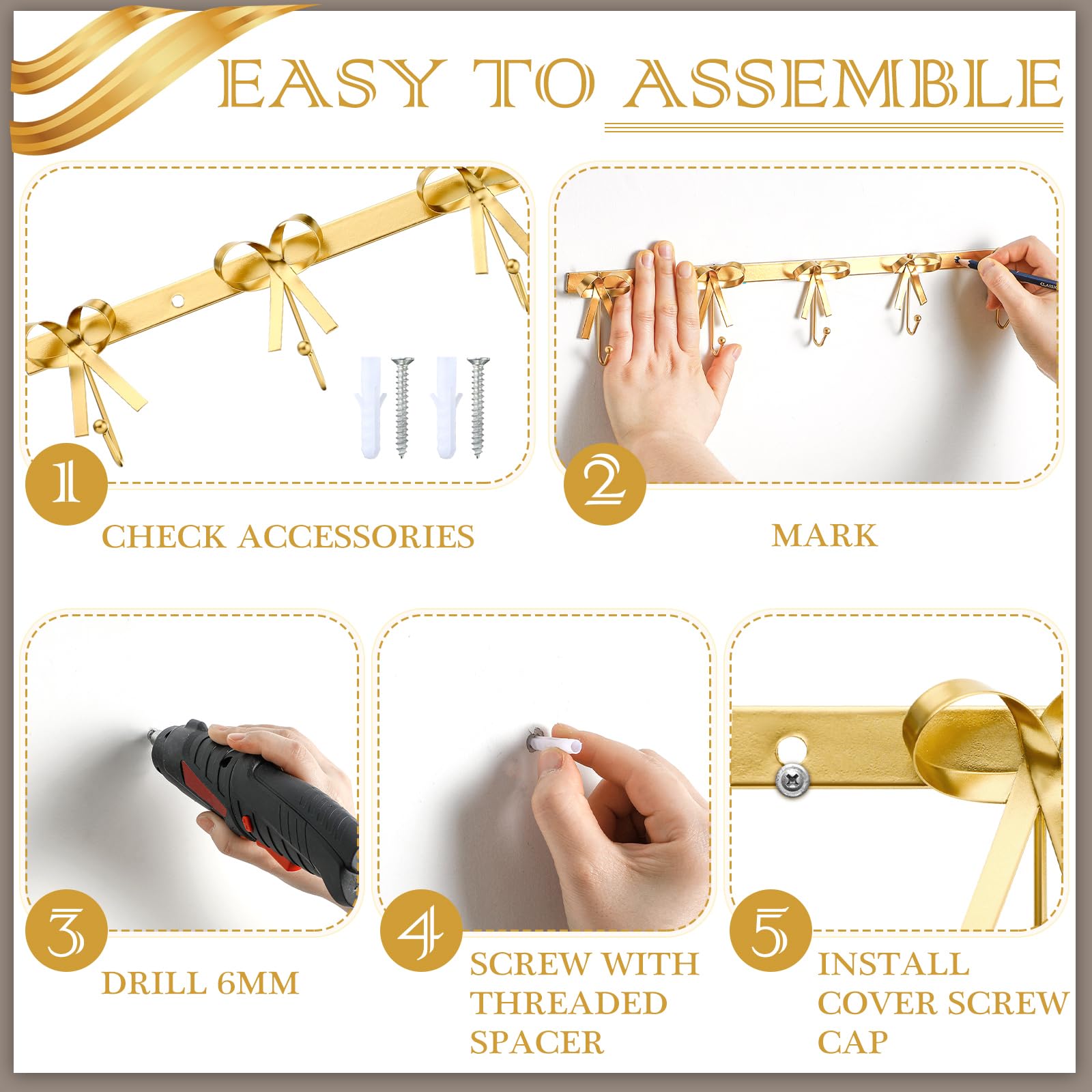 Five Bow Wall Hook Hanger for Robes Coat Hat Knot Bow Hooks Brass Wall Decorative Hooks