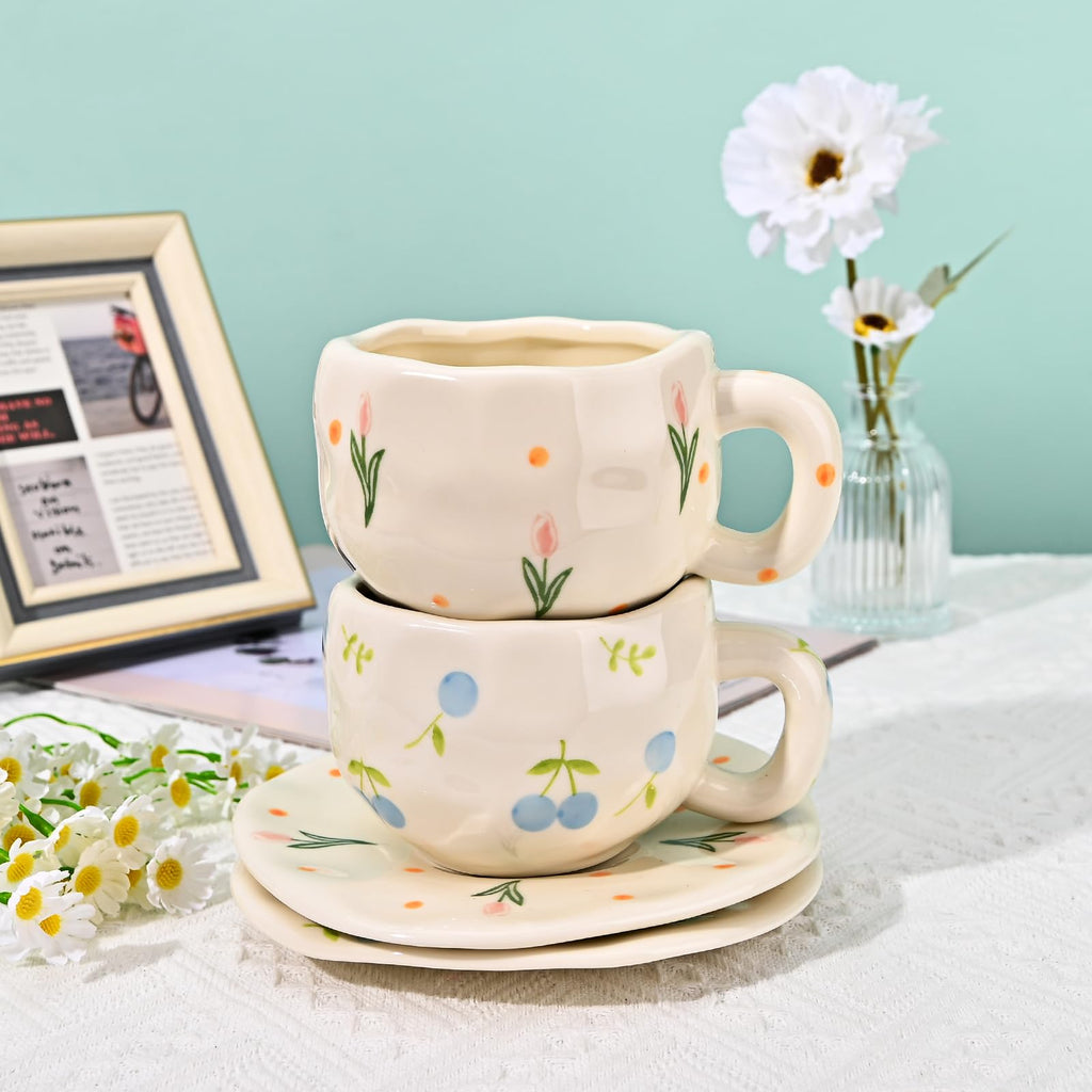 Ceramic Coffee Mug with Saucer Set, Cute Creative Cup Unique Irregular Design, 10 oz/300 ml