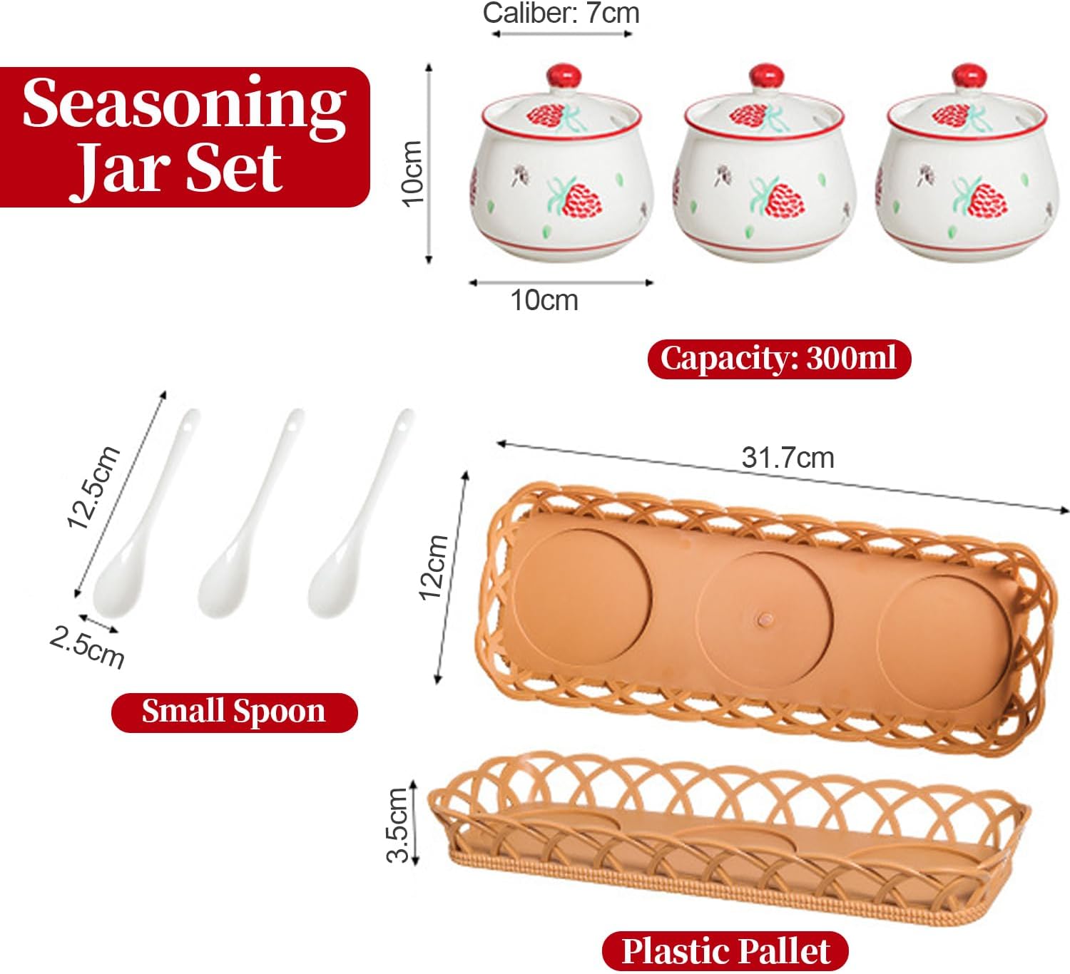 Red Strawberry Ceramic Condiment Jars with Lids and Spoons, 3 Piece Porcelain Seasoning Jar Set Container Pot with Serving Tray