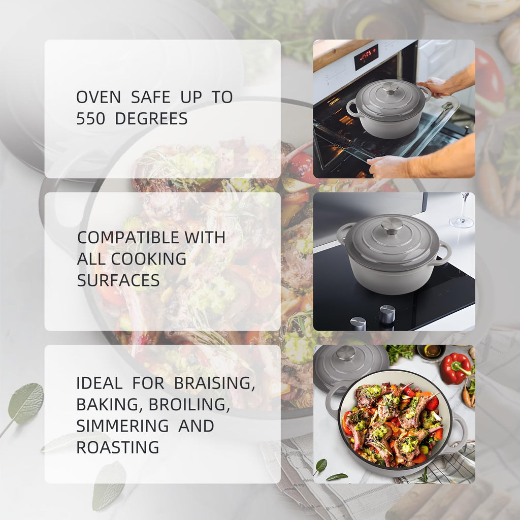 Enameled Cast Iron Dutch Oven with Lid - Big Dual Handles - Round Pot for Versatile Cooking 6 Quart