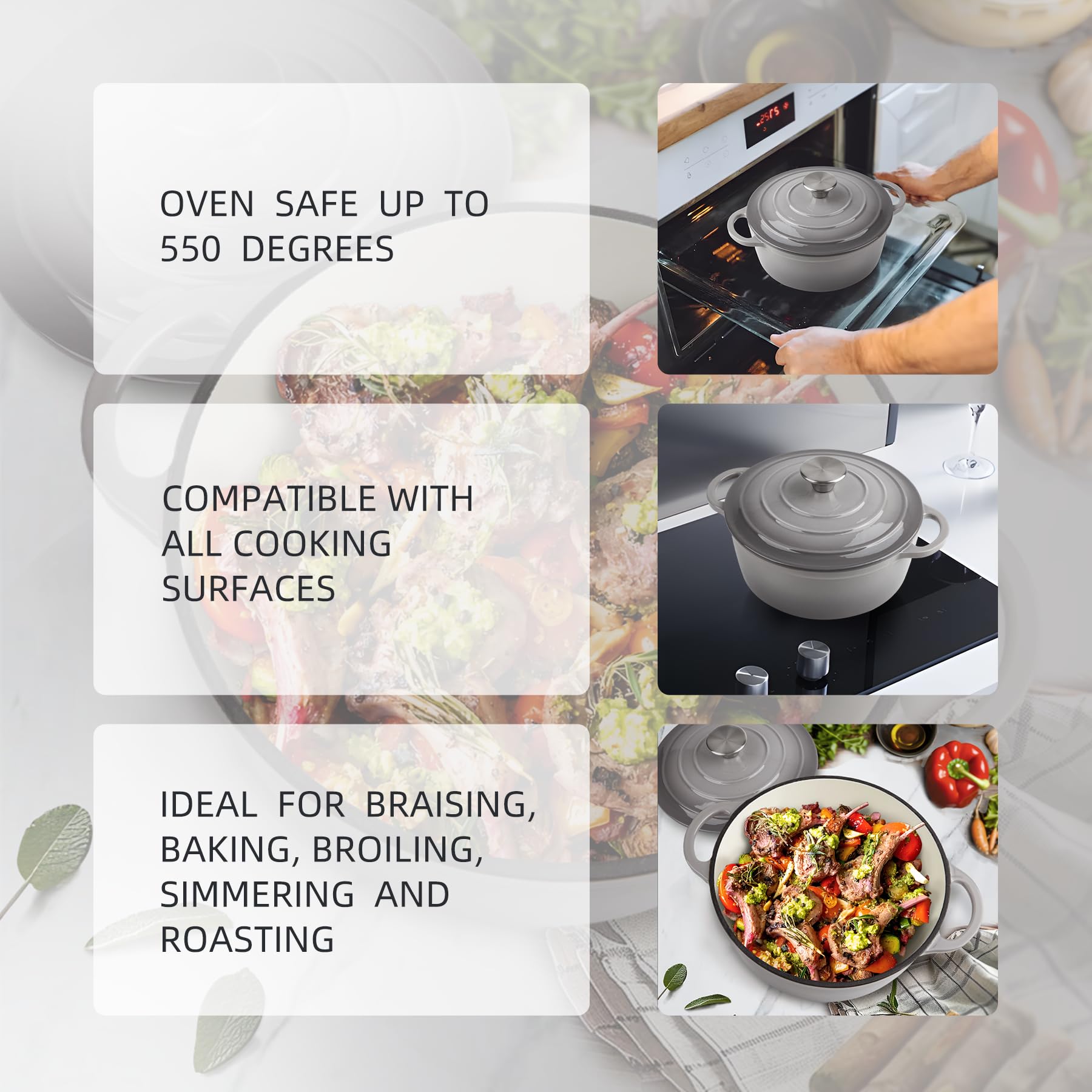 Enameled Cast Iron Dutch Oven with Lid - Big Dual Handles - Round Pot for Versatile Cooking 6 Quart