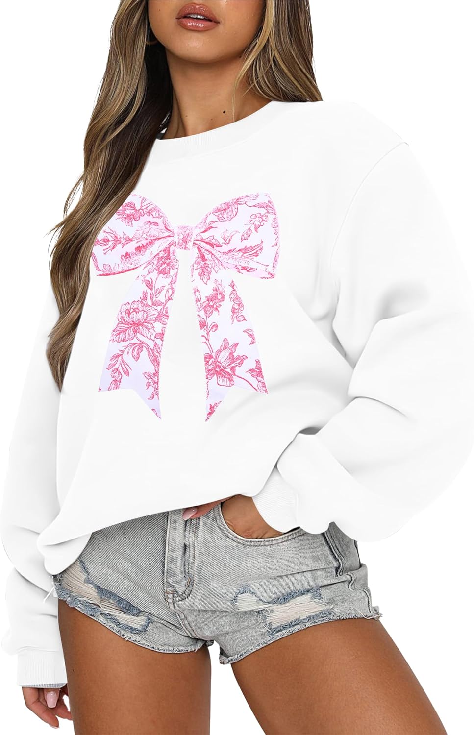 Ladies Bow Sweatshirt Coquette Sweater - Embroidered sweatshirt Clean Girl Aesthetic Shirt Fall Crewneck Pullover