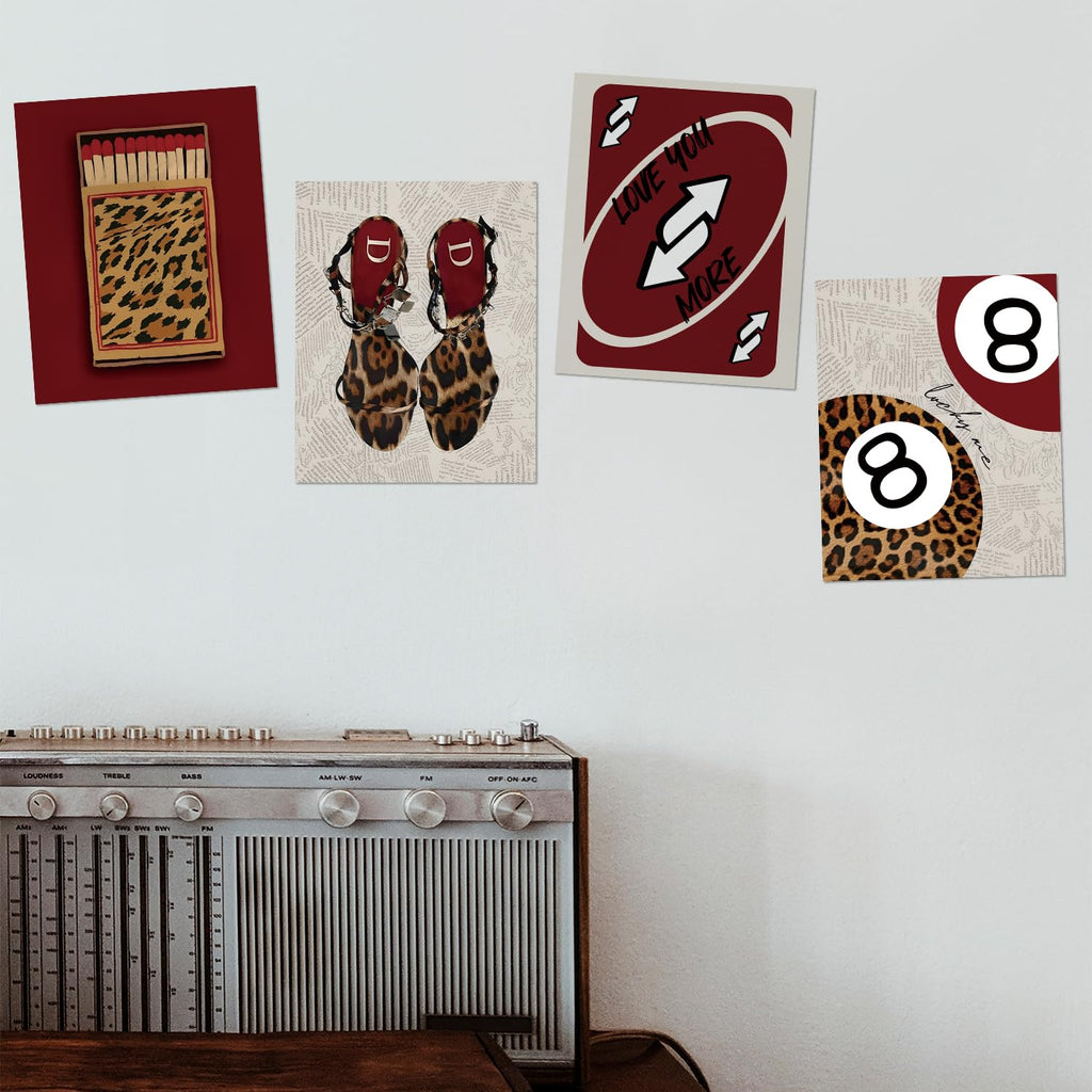 Trendy Leopard Wall Art Prints Set of 4 Funky Lucky 8 Ball Posters Prints Preppy Room Aesthetic Cheetah Wall Decor for Girls Room Dorm Apartment 8x10 Unframed