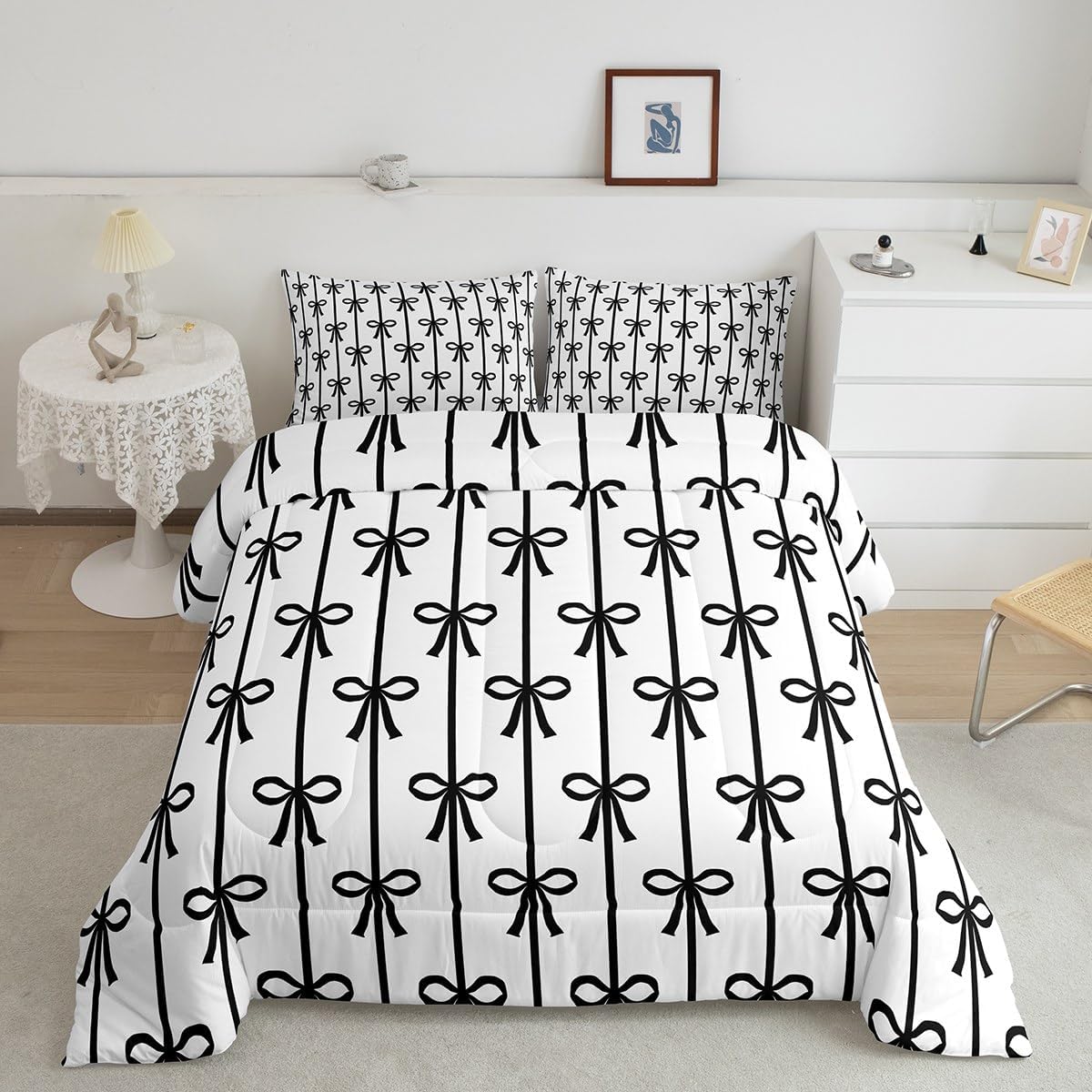 Floral Bowknot Comforter Set,Pink Bow Tie Print Bedding Set Cute Bow Flower Comforter Princess Style Bed Set for All Season