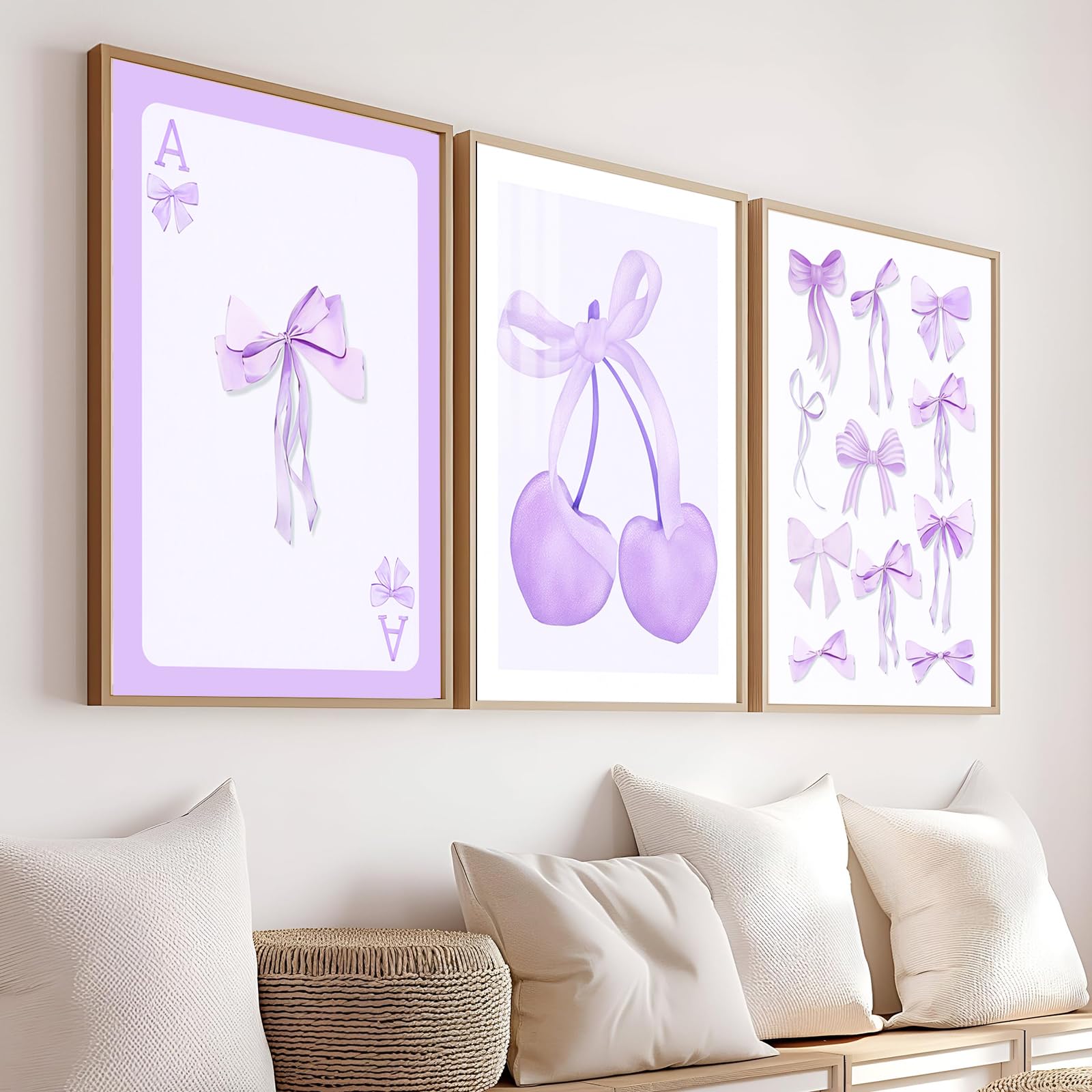 Purple Coquette Trendy Preppy Bows Cherry Wall Art Prints Set of 3 Watercolor Light Purple Poker Posters Wall Decor,  Unframed