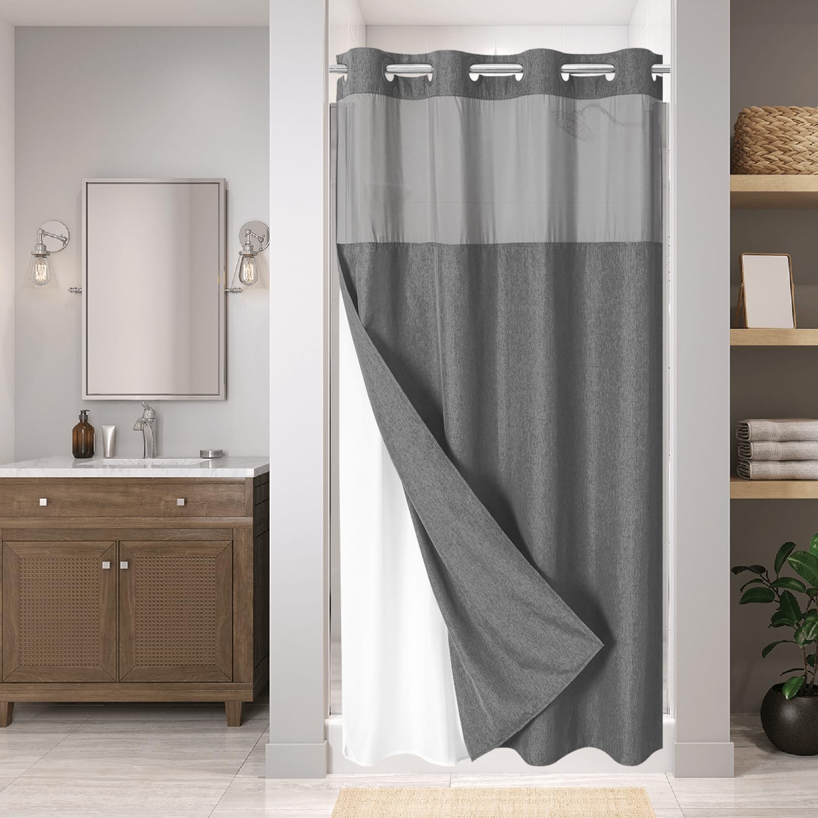 No Hooks Needed Linen Textured Shower Curtain with Snap-in Fabric Liner Set, Luxury Decor Shower Curtains for Bathroom with Mesh Top Window, Waterproof & Washable