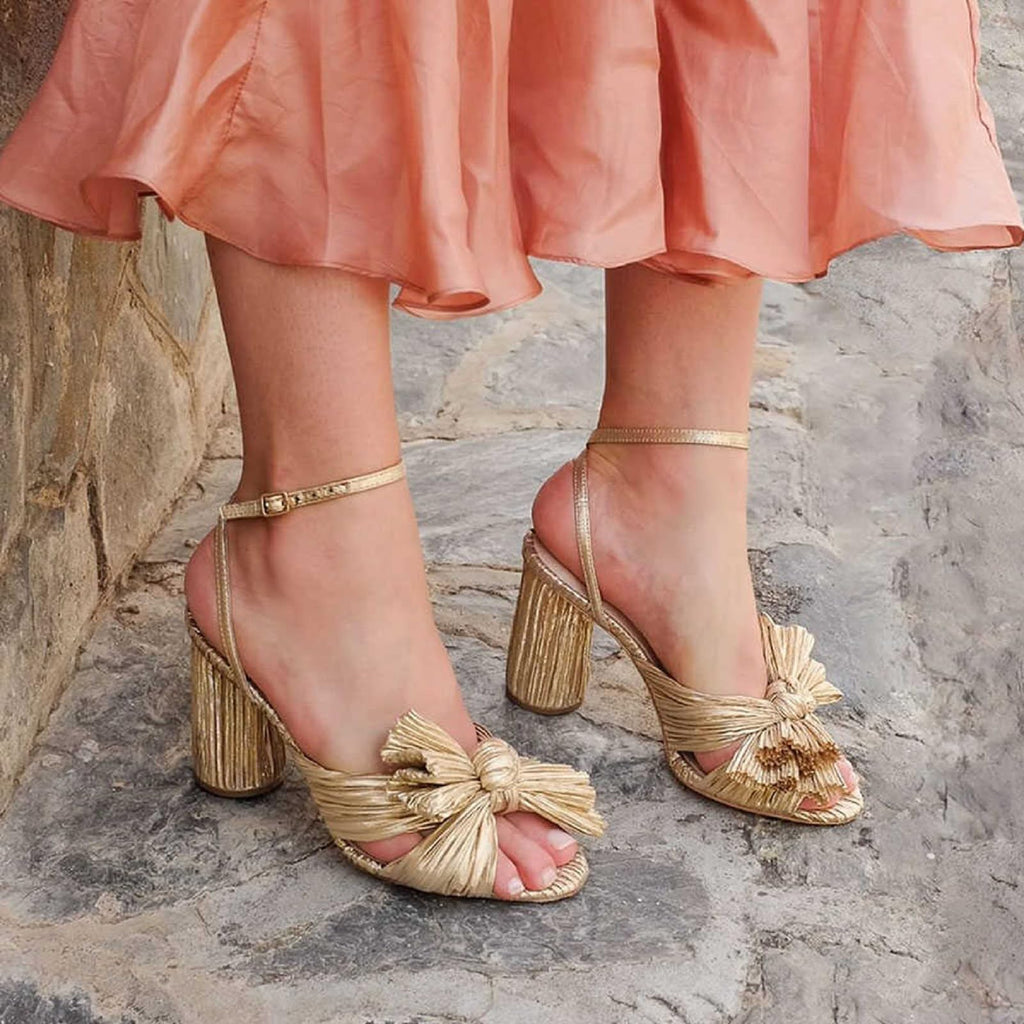 Women's High Block Chunky Heel Sandals Fashion Open Toe Ankle Buckle Strap Pleated Bow Heel