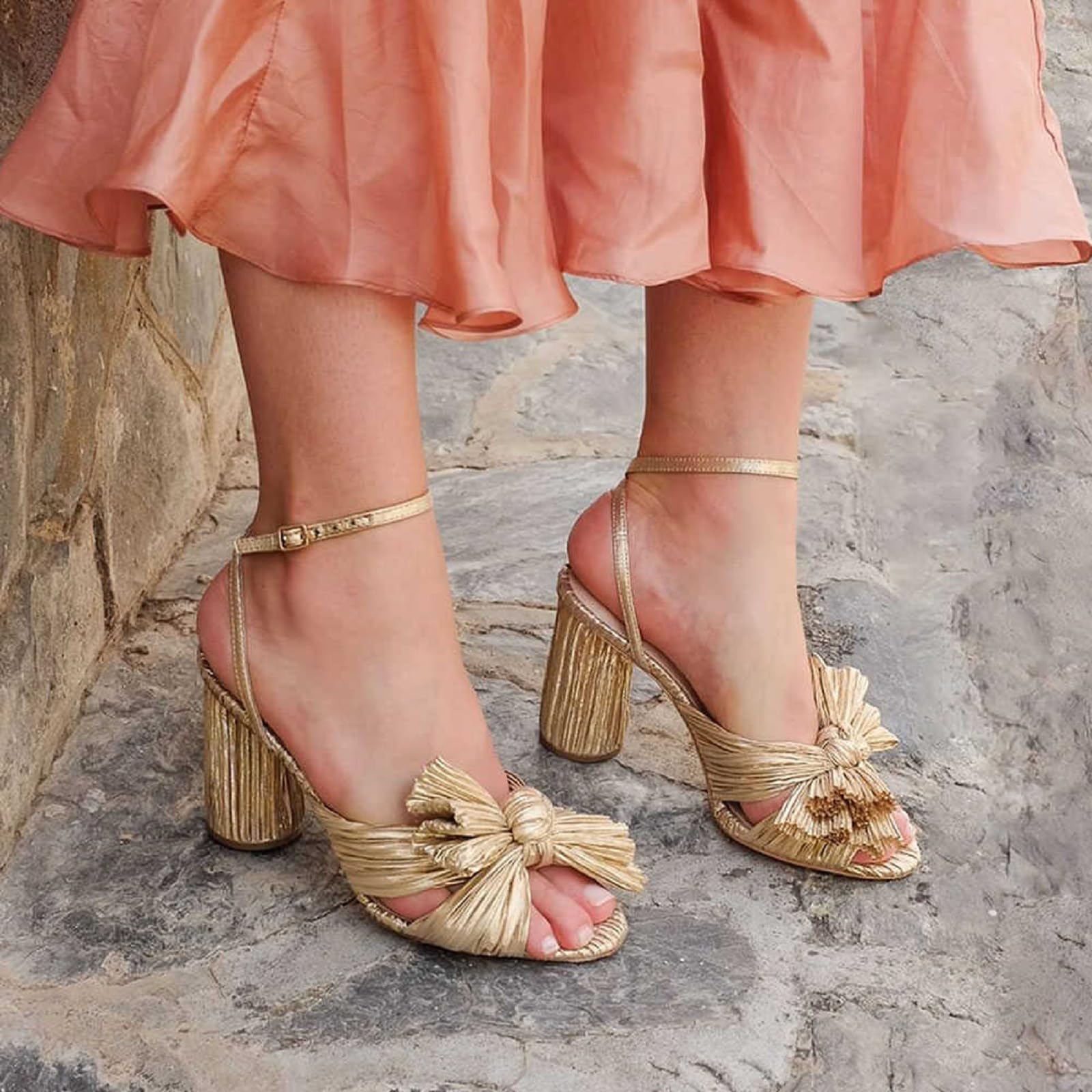 Women's High Block Chunky Heel Sandals Fashion Open Toe Ankle Buckle Strap Pleated Bow Heel