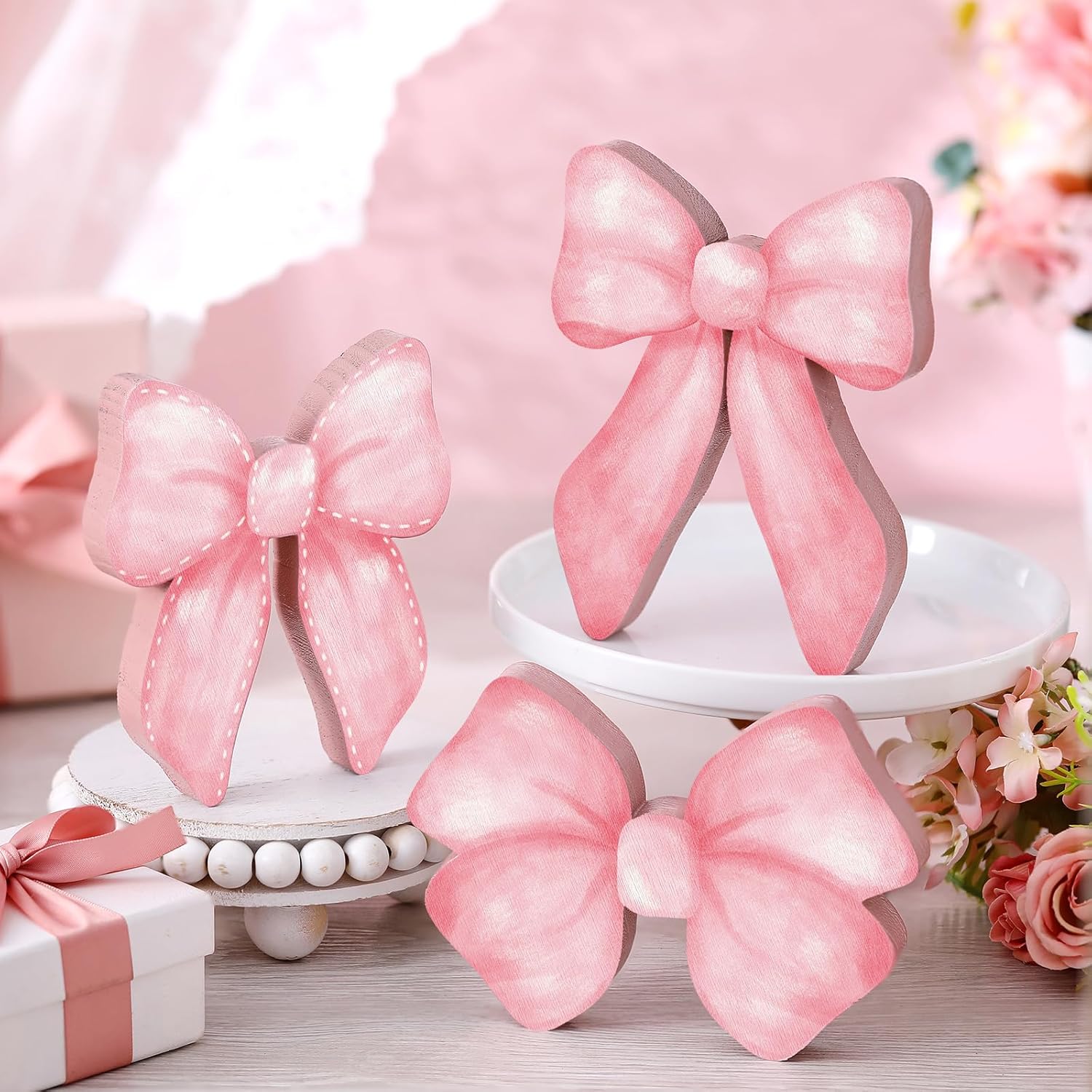 Pink Bow Coquette Room Decor Wooden Sign - Bow Tiered Tray Decor, Wall Desk Shelf Tabletop Decoration 3 Pcs