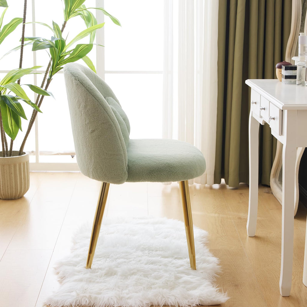 Cute, non-wheeled desk chair with backrest, fluffy cushion, cozy makeup chair with adjustable golden legs