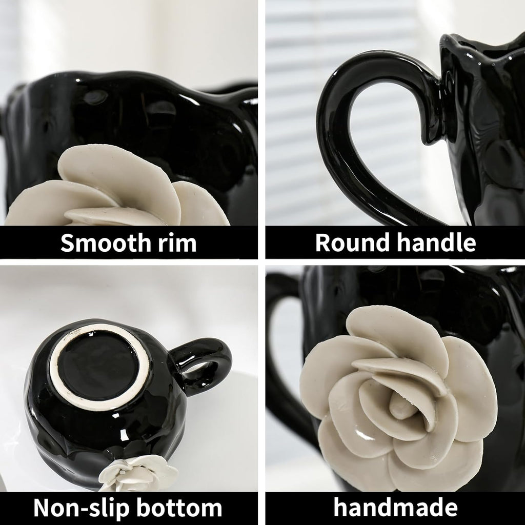 Cute Black with White Flowers Ceramic Cups, Unique Fancy Tea Cups with Saucer, 11OZ