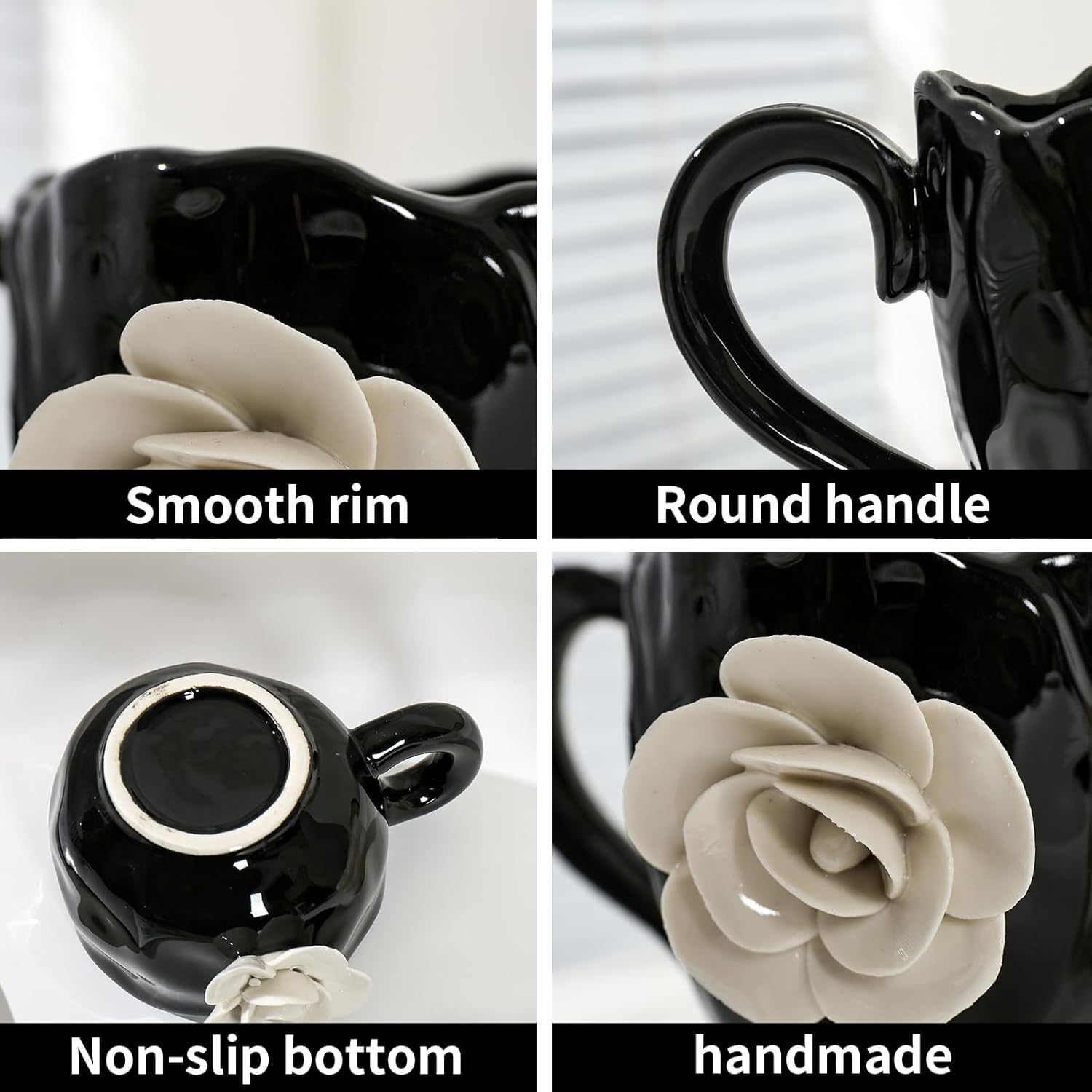 Cute Black with White Flowers Ceramic Cups, Unique Fancy Tea Cups with Saucer, 11OZ