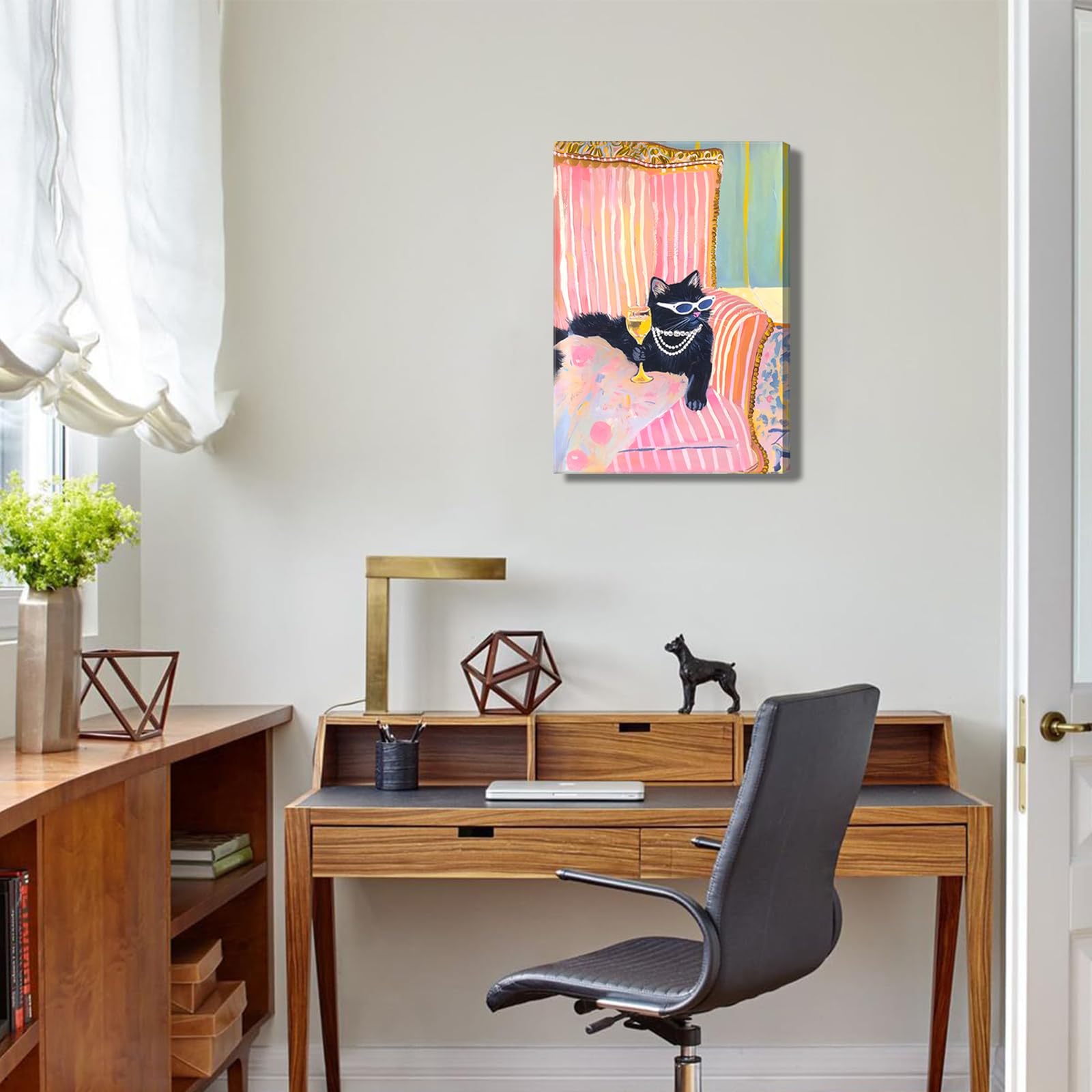 Pink Black Cat With Martini Canvas Wall Art Pink Dopamine Bar Cart Wall Decor Eclectic Coquette Aesthetic Poster Print